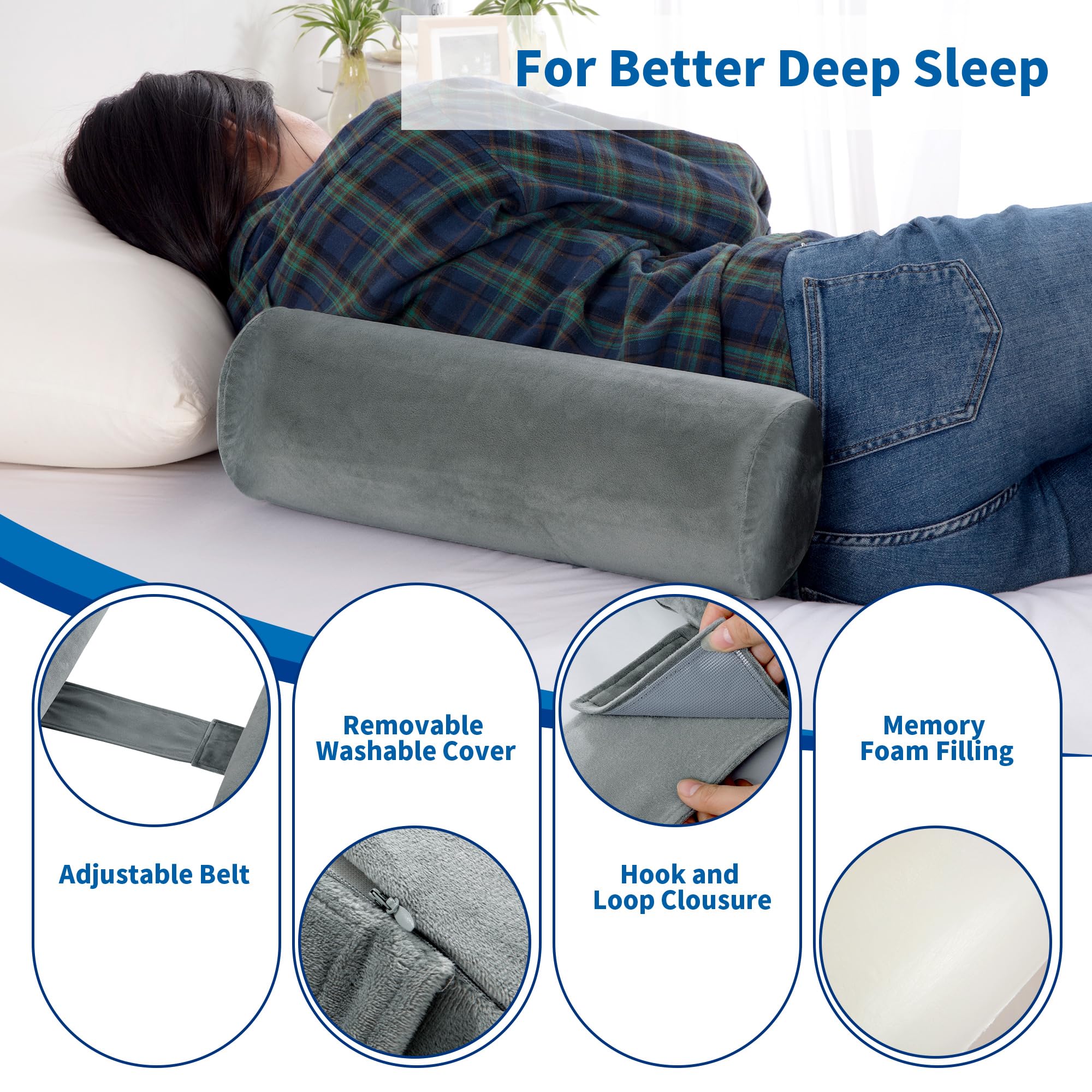 BALAPET Coussin de Corps pour dormeur sur Le côté et Le Dos, Coussin cylindrique pour Mieux Dormir et Respirer (Gris, Grande Taille)