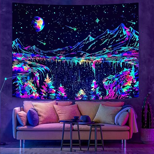 Miniatura 5 de Zussun Tapiz de montaña con luz negra, tapiz de noche estrellada para dormitorio, estética de luna y estrellas, tapastry para colgar en la pared,