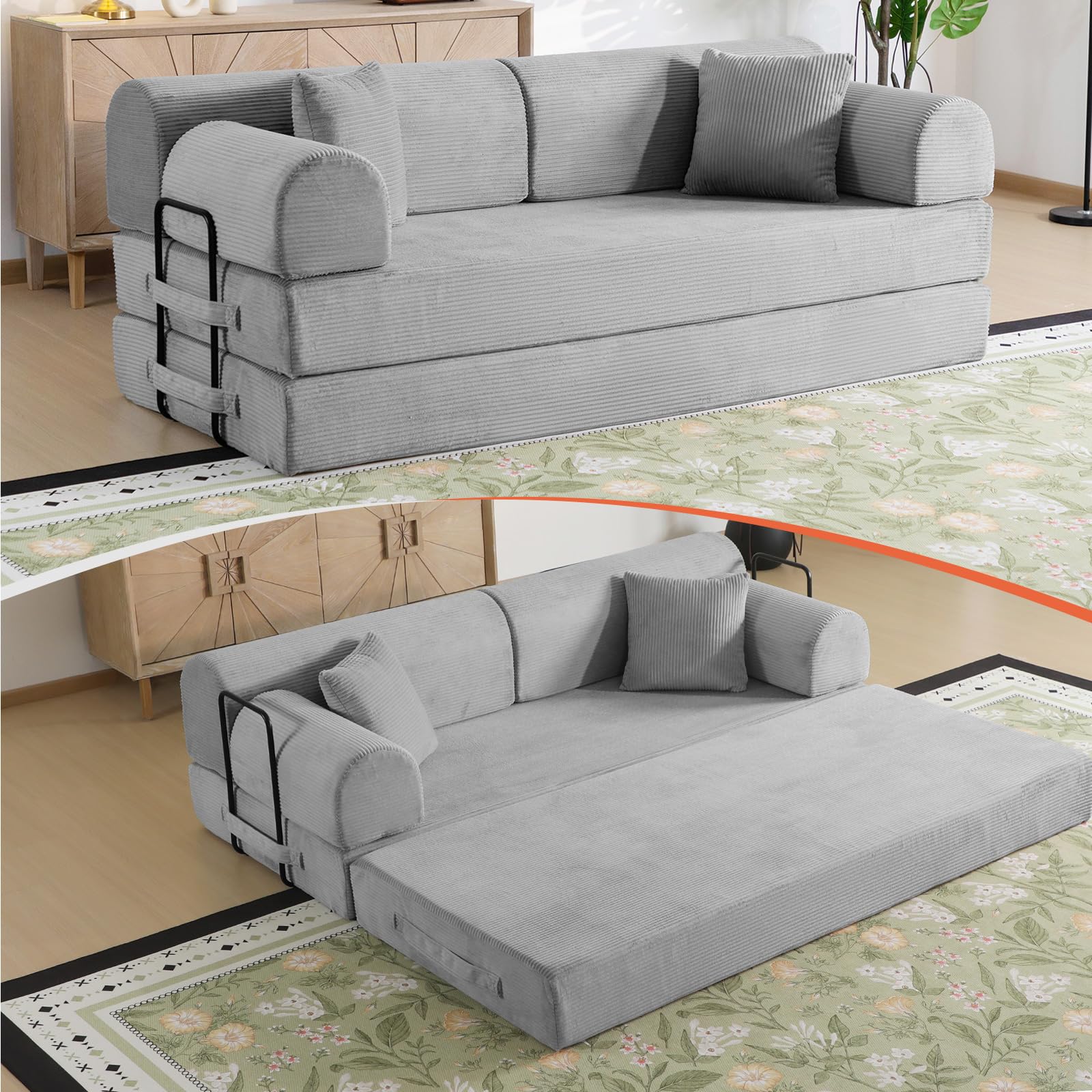 Aspano 78.8" Boneless Memory Foam Couch, Corduroy Convertible Floor Sofa Bed, Fold-Out Sleeper Futon Loveseat, Wide Armrests & Supportive Back, 1200