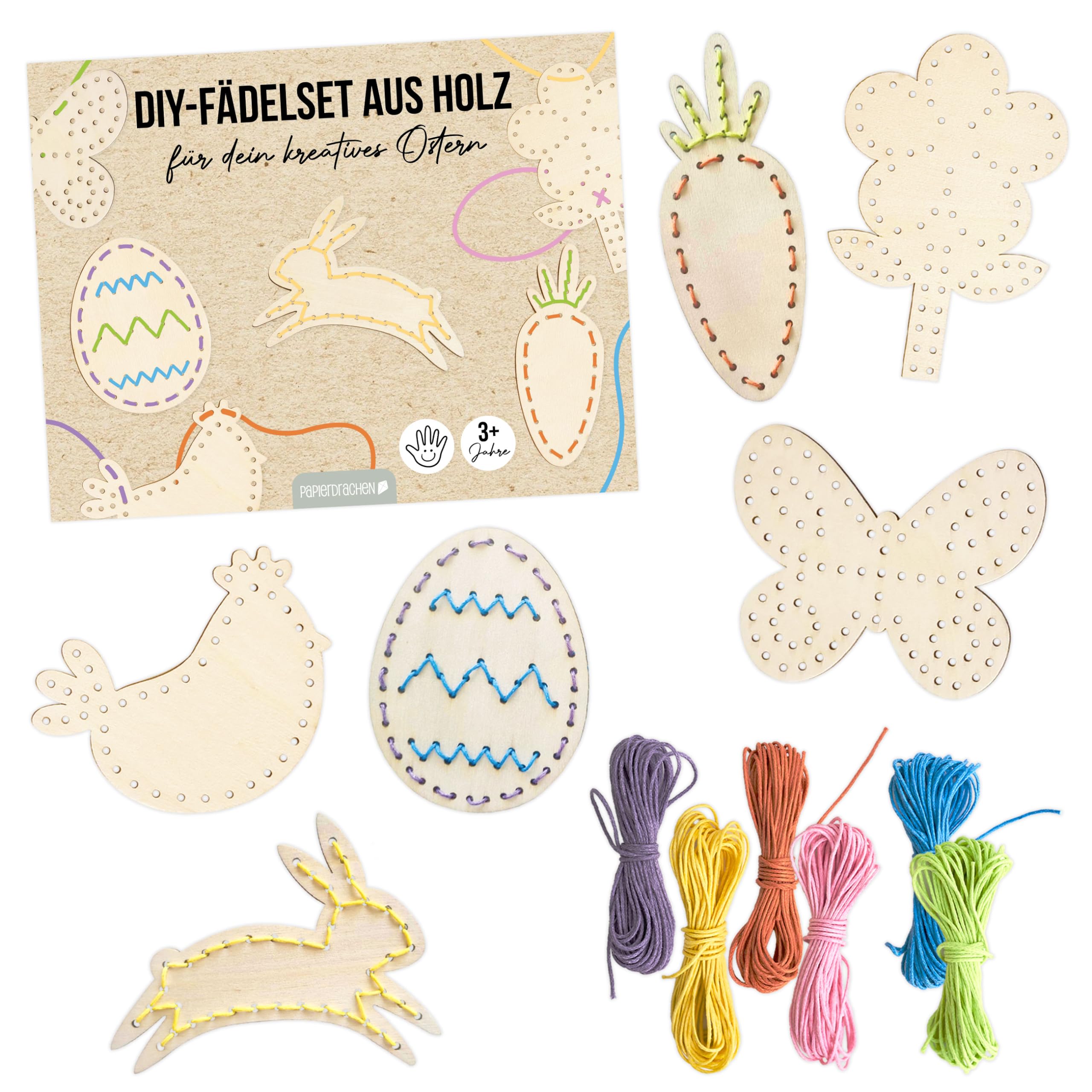 Papierdrachen Wooden Threading Set Diy For Easter - Wooden Play Set With Thread - Craft Fun For Easter Decoration - Safe Material To Promote Fine Motor Skills