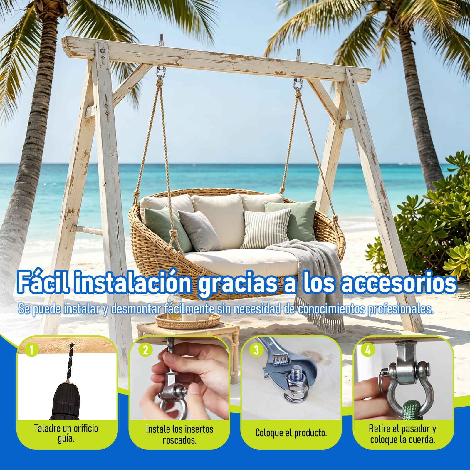 4uds Gancho para Columpio M10 Acero Inoxidable 285mm para Hamacas