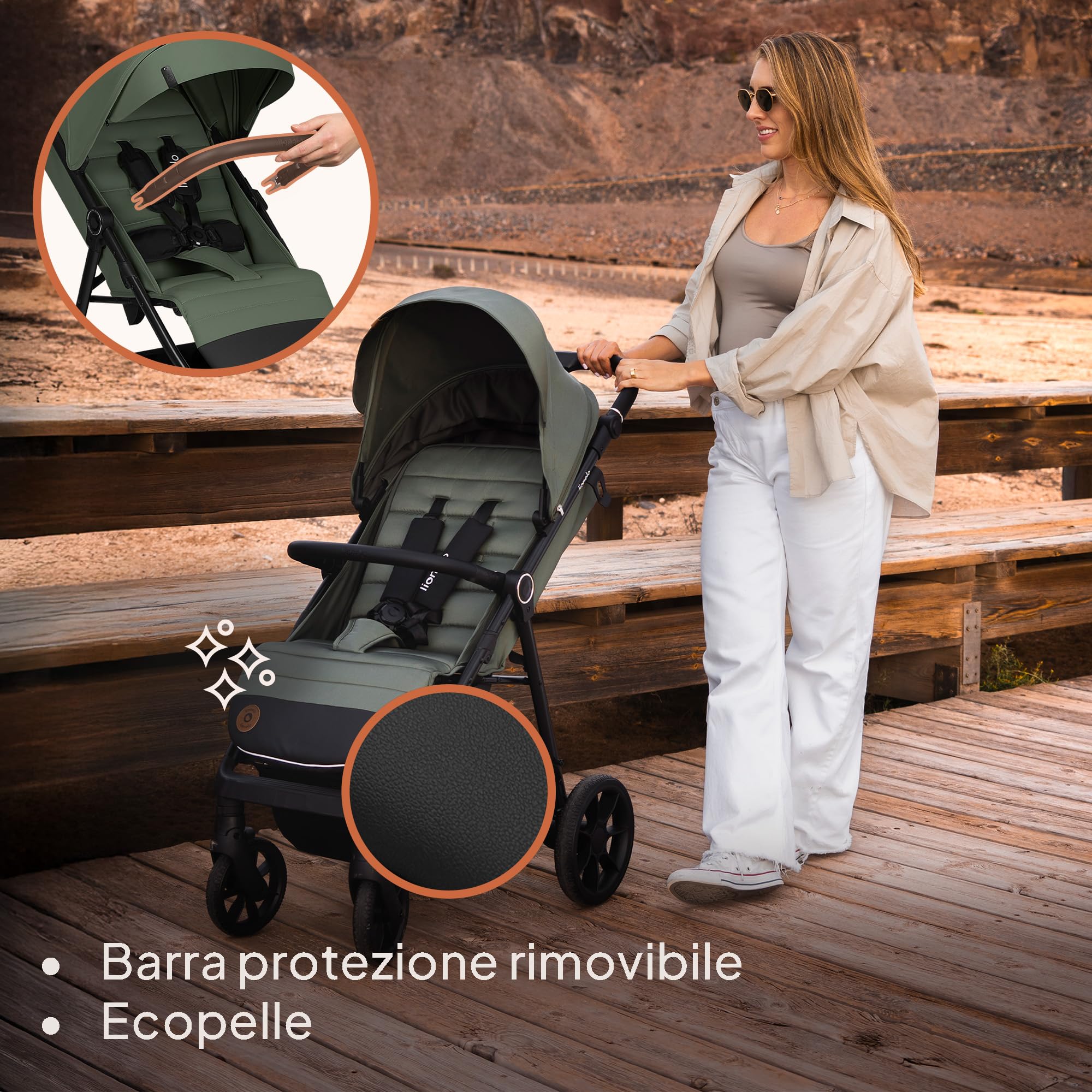 LIONELO Iva Passeggino Leggero e Compatto per Bambini da 6 Mesi a 4 Anni | Fino a 22 kg, Ruote Girevoli 360° con Sospensione, Schienale e Poggiapiedi Regolabili, Cappottina XXL UPF50+, Tessuto Premium