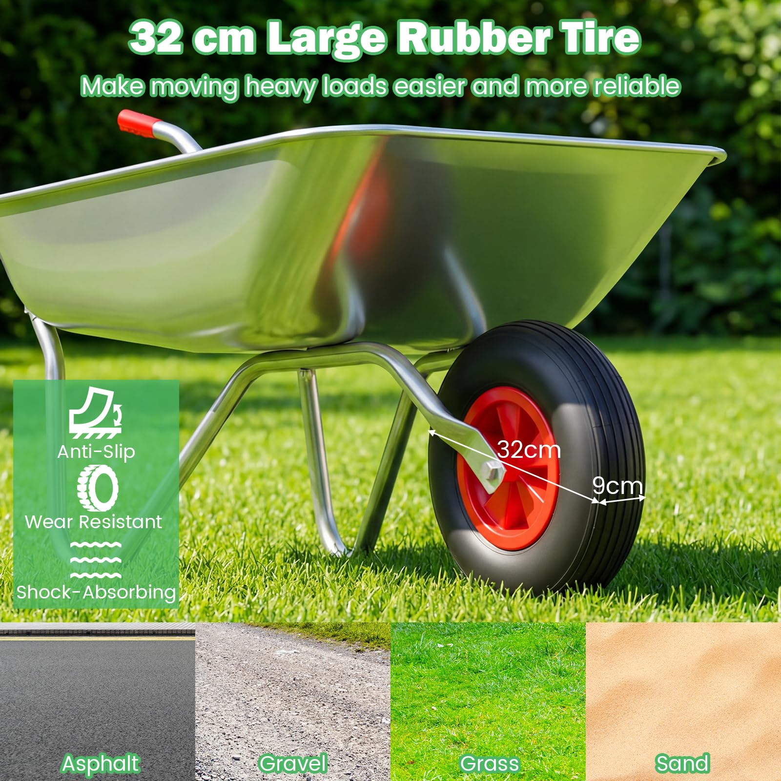 FANTASK Schubkarre mit 2 Griffen, Bauschubkarre aus verzinktem Metall mit 32 cm Gummireifen, Gartenschubkarre bis 136 kg, Gartenwagen, Schiebkarre Kippwagen Garten (Silber)