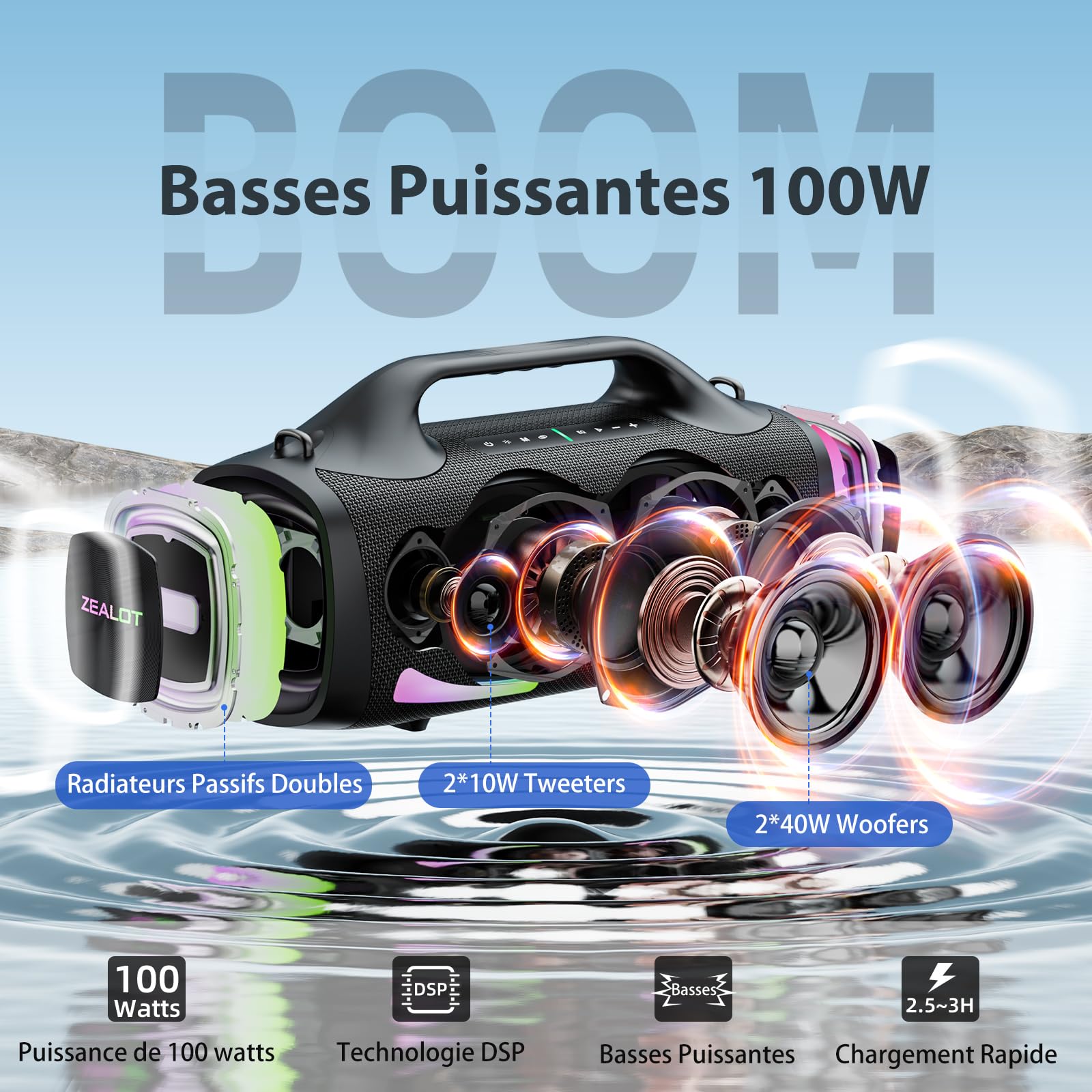 ZEALOT Enceinte Grande Bluetooth 5.3 sans Fil, 100W Enceinte Portable avec Basses Puissantes, Autonomie 30H, Lumière RGB, USB-C/AUX/Carte TF, Haut-Parleur Étanche IPX6 pour Fêtes/Voyage/Extérieur