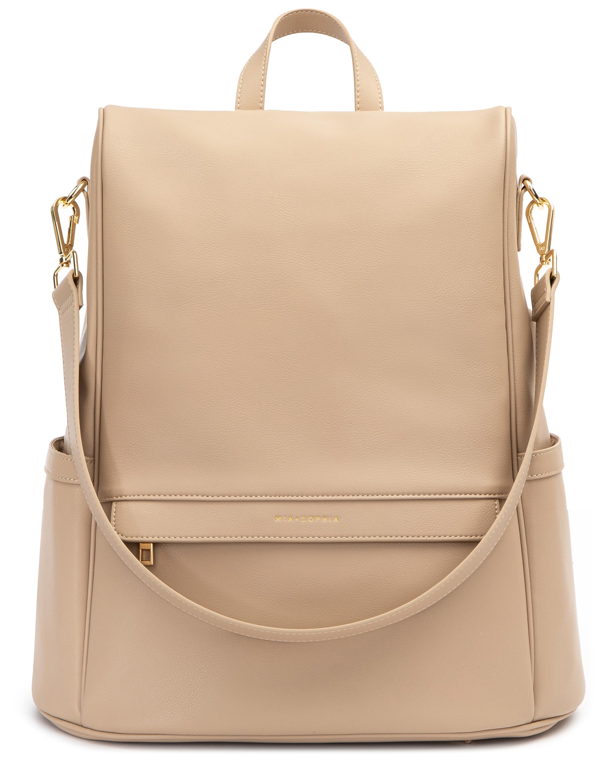 MIA + SOPHIA Leather Diaper Bag Backpack with Changing Pad, Stroller Straps, Bottle Holder, Beige Mia, Large, Mia Collection-image-46