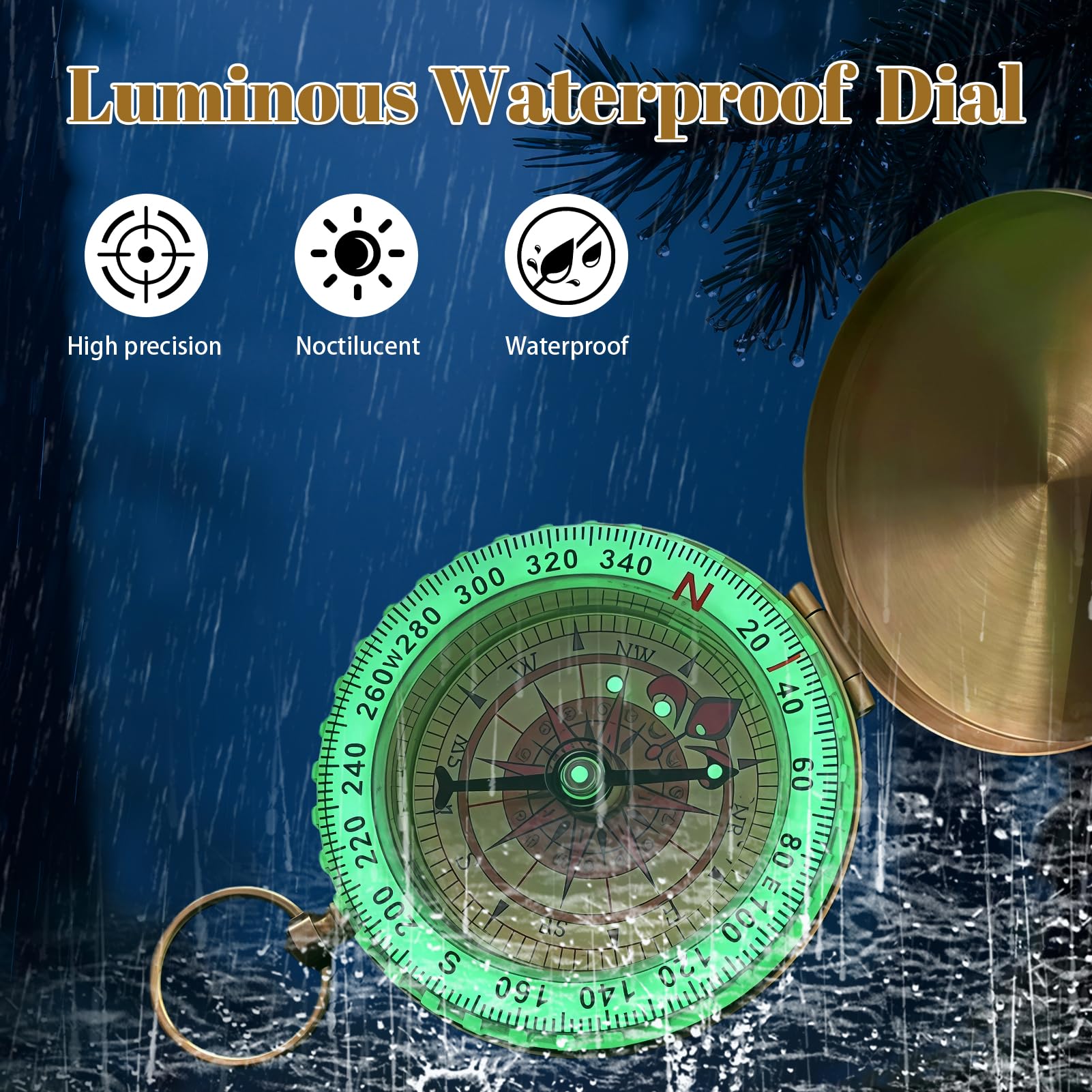 Boussole Extérieur, Boussole Vintage en Laiton avec Fonctions Lumineuses et Étanches, Boussole de Poche‌ en Métal pour La Randonnée Camping Navigation et Les Activités de Plein Air