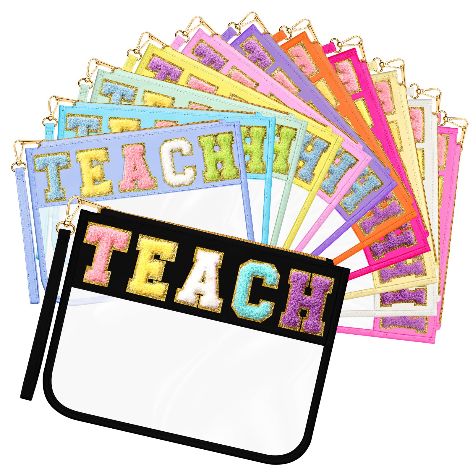 Abbylike 12 Pcs Snack Bags Clear Chenille Letter Teach Zipper Pouch Waterproof PVC Large Travel Makeup Cosmetic Storage Organizer Bag for Mom Team Cheerleaders Teacher (Multicolor)