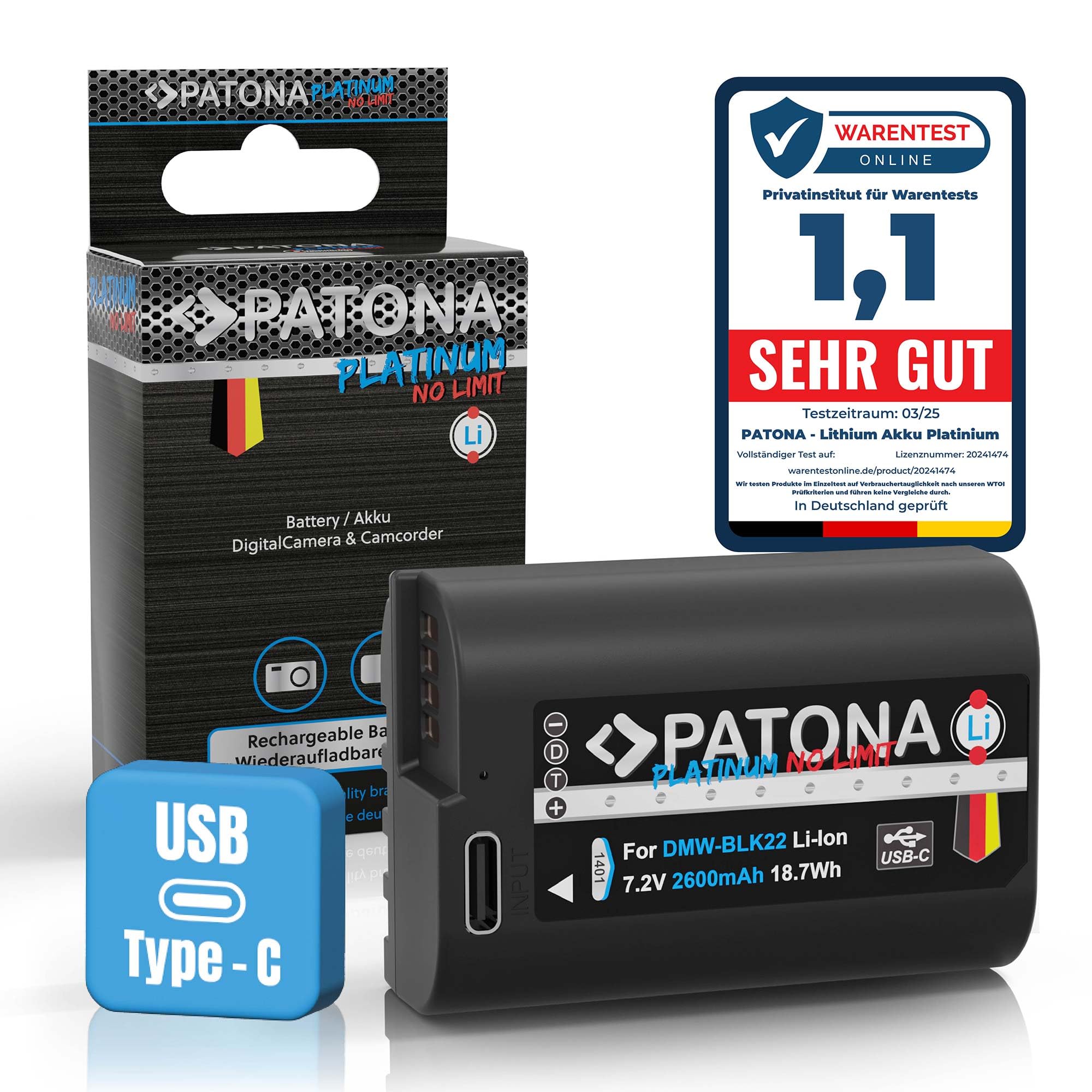 PATONA Platinum DMW-BLK22 Batteria 2600mAh con USB-C – ricambio per Panasonic DMW-BLK22 – per Lumix S5 II/IIX S5 S9, G9 II, GH5 II GH5S, GH6, GH7 – si ricarica via cavo, ideale per video 4K/6K