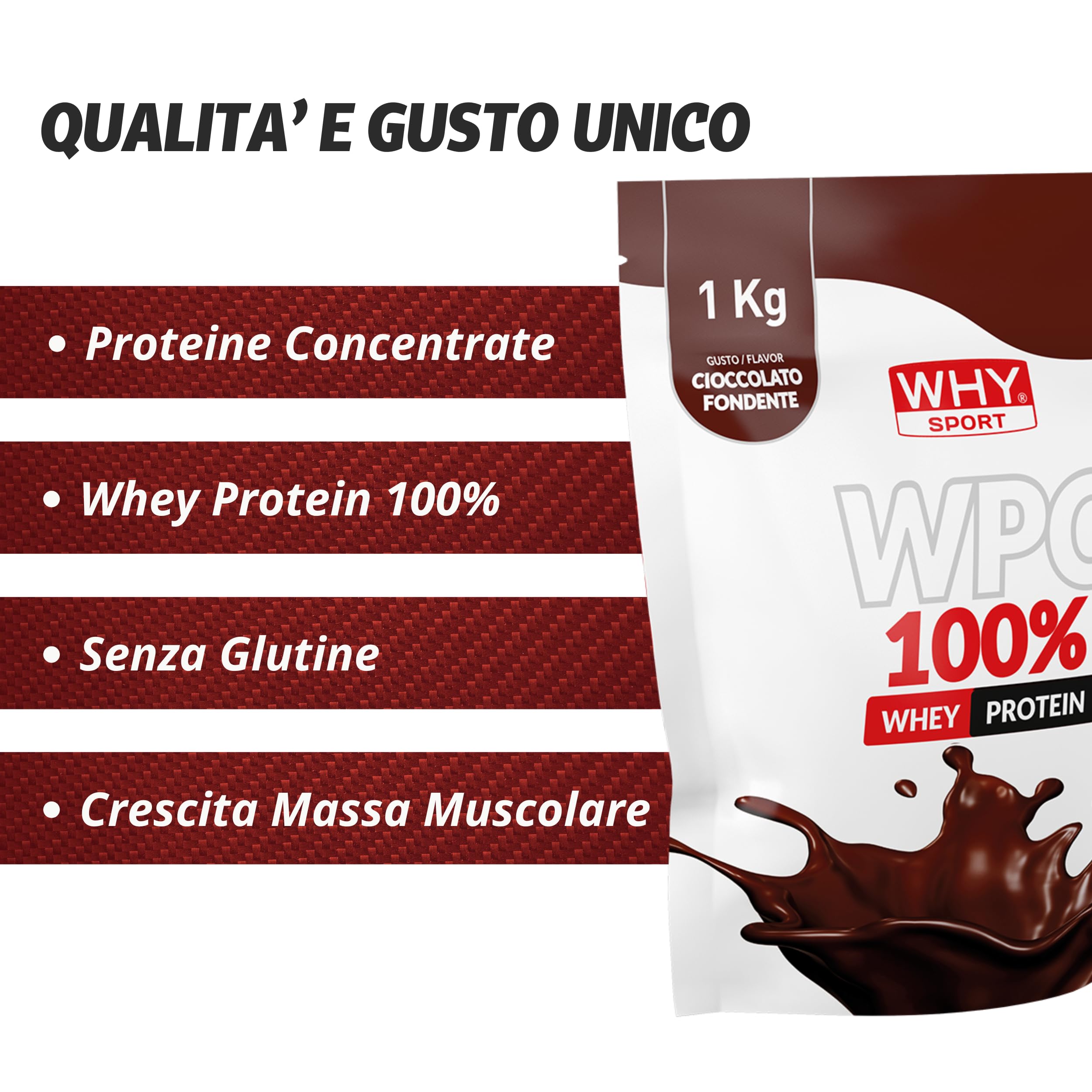 WHY SPORT WPC 100% WHEY - Proteine Whey - Proteine in Polvere per la Massa Muscolare - Senza Glutine - Gusto Cioccolato fondente -1 Kg