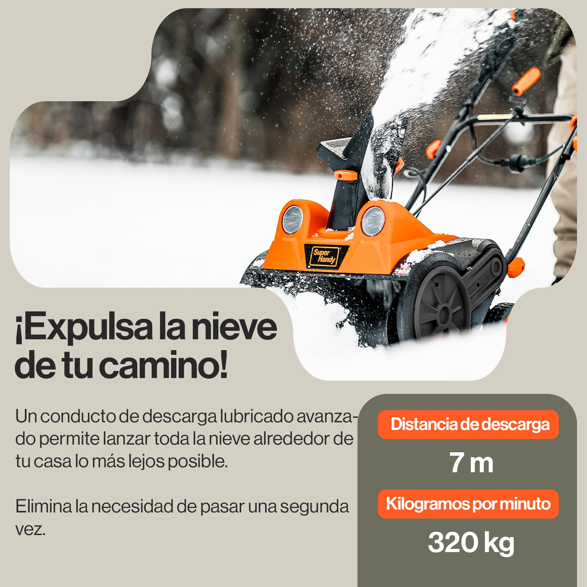 SuperHandy Quitanieves eléctrico con Cable, 46×25 cm, Alcance 7 m, Capacidad 320 kg/min, Faros LED, Ideal para entradas, aceras y Jardines