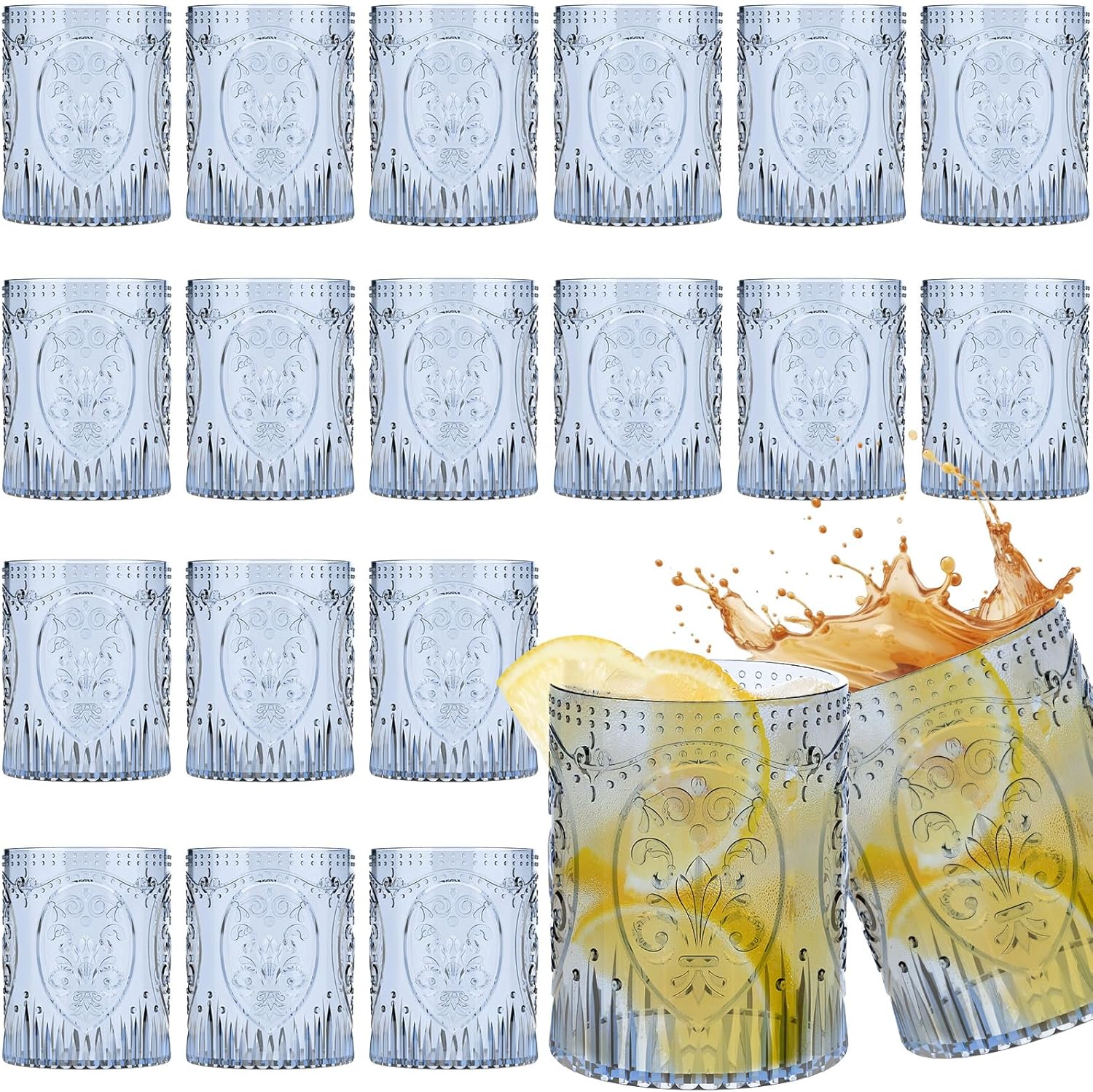 24 Plastic Vintage Drinking Glasses 8.5oz Stemless Retro Embossed Wine Glasses Shatterproof Reusable Cups for Baby Shower Wedding Reception Grand Event Party (Blue) Blue 24