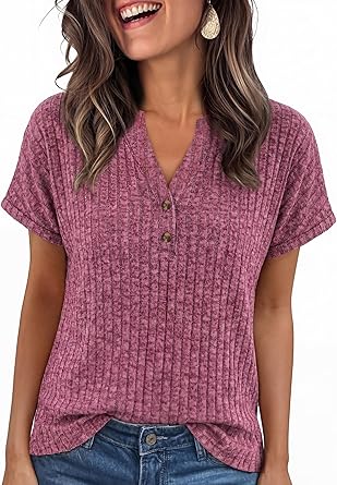 Pleneal Womens Summer Tops 2026 Spring Henley Tops V Neck Button Casual Dressy Summer Blouses Sweater Trendy Cute Tunic Tee