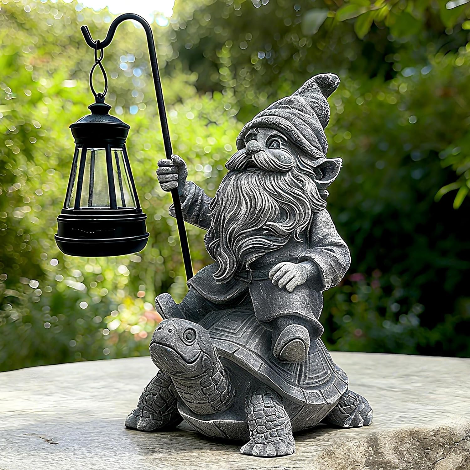 Garden Gnome Statue Riding Turtle - Garden Gnomes Decorations with Solar LED Lights, 7.9" Outdoor Resin Figurine Ornament for Patio, Yard, Funny Lawn Decor (Gray)