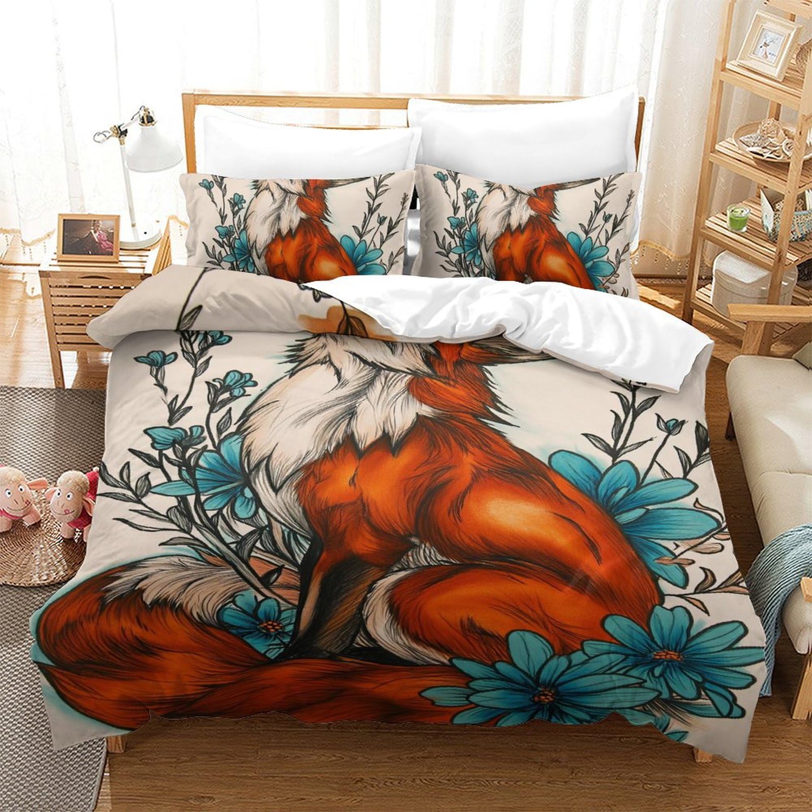 Housses de couettes imprimé 3D renard parure de lit 3 pièces