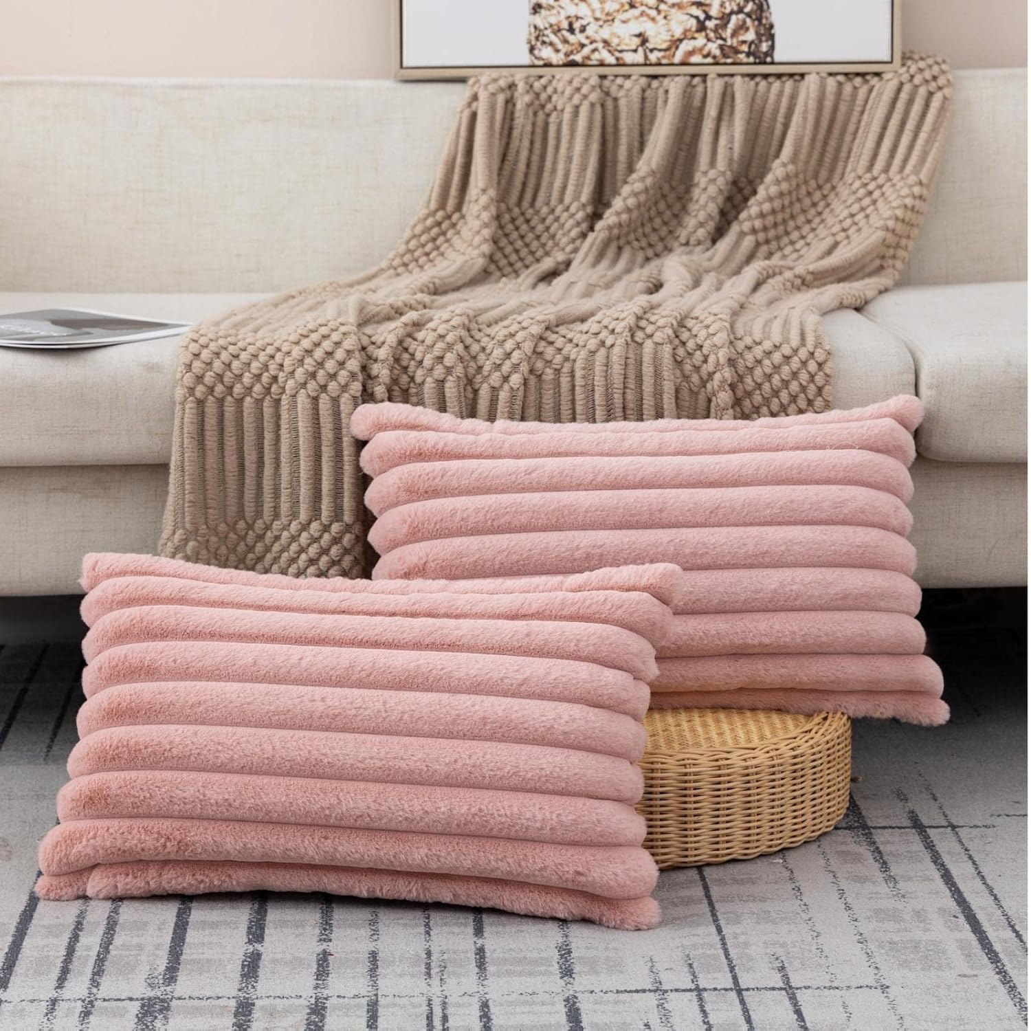 ZLINA Set of 2 Faux Fur Plush Baby Pink Throw Pillow Covers
