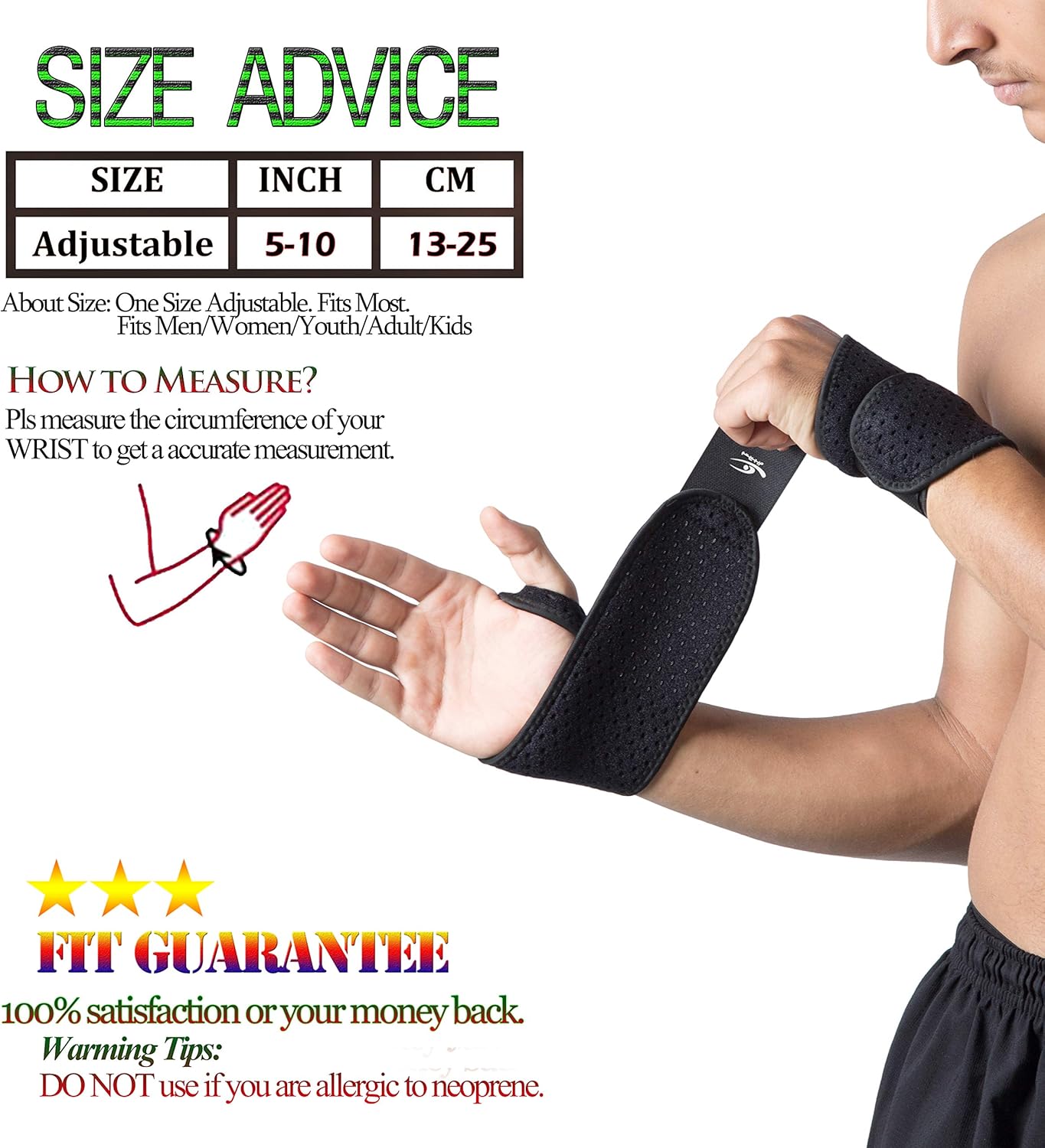 HiRui 2 Pack Wrist Compression Strap and Wrist Brace Sport Wrist Support for Fitness, Weightlifting, Tendonitis, Carpal Tunnel Arthritis, Pain Relief-Wear Anywhere-Unisex, Adjustable (Black) : Industrial & Scientific