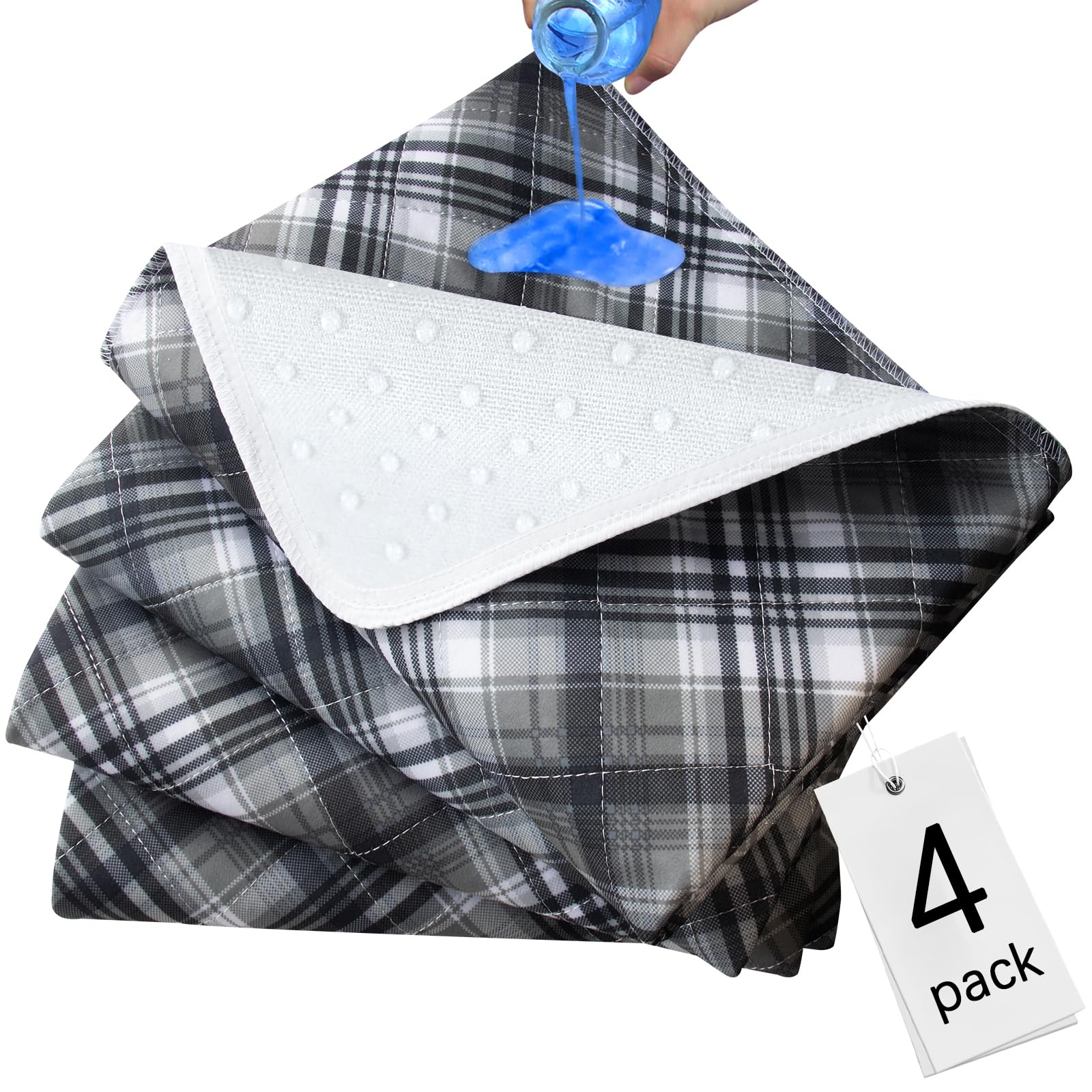 Washable Waterproof Incontinence Bed Pads - 34” x 36”(4 Pack) , Reusable Heavy Absorbency Underpads for Adults, Kids, Elderly and Pets, Bedwetting Pads for Sofa and Couch, Plaid