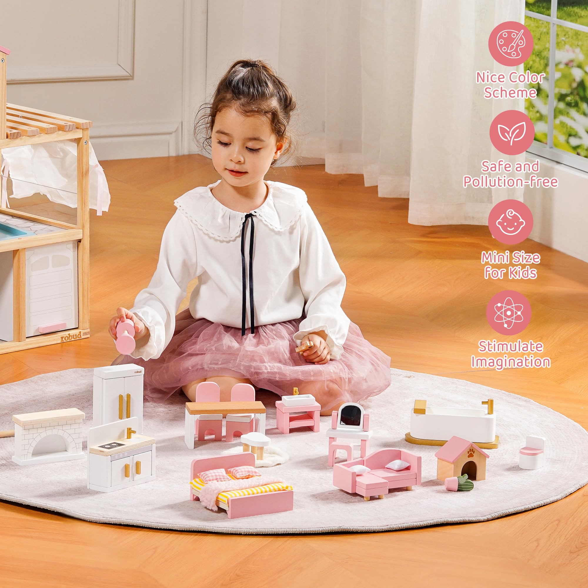 ROBUD Juego de Muebles de Madera para casa de muñecas, 28 Piezas, Accesorios para casa de muñecas, Dormitorio, Cocina, salón, baño, Comedor, Regalo Rosa para niños