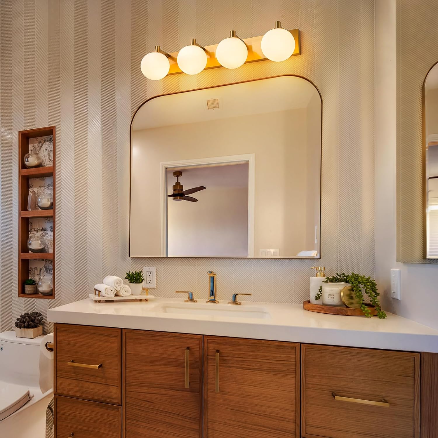4-Light Brushed Gold Vanity Lights,30.31" Mid-Century Modern Bathroom Light Fixtures with Opal Milky White Globes Glass,Dimmable Wall Sconce for Bathroom,Bedroom,Living Room,Over Mirror