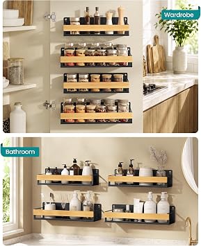 SONGMICS Spice Rack, Set of 4 Wall Mounted Shelves, Steel and Bamboo