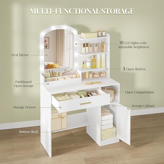 HEXCELEN Dressing Table with Oval Mirror, Dressing Table with LED Lights, Adjustable Brightness, Vanity Desk with Drawer, Cabinet and Open Compartments, Modern Bedroom Dresser, White
