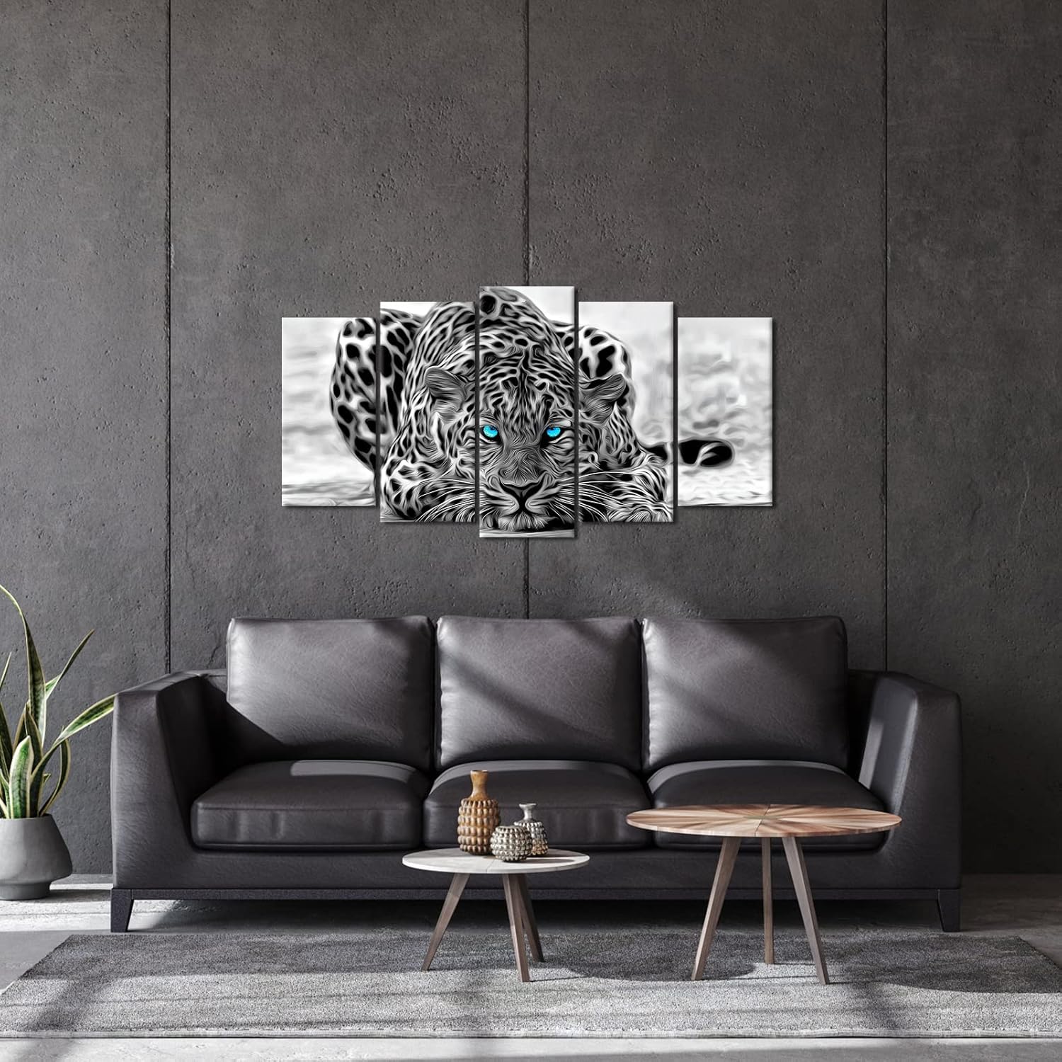 Visual Art Decor Wildlife Animal Canvas Wall Art Black and White Leopard with Blue Eyes Picture Prints Large 5 Pieces Artwork for Modern Living Room Bedroom Office Decoration