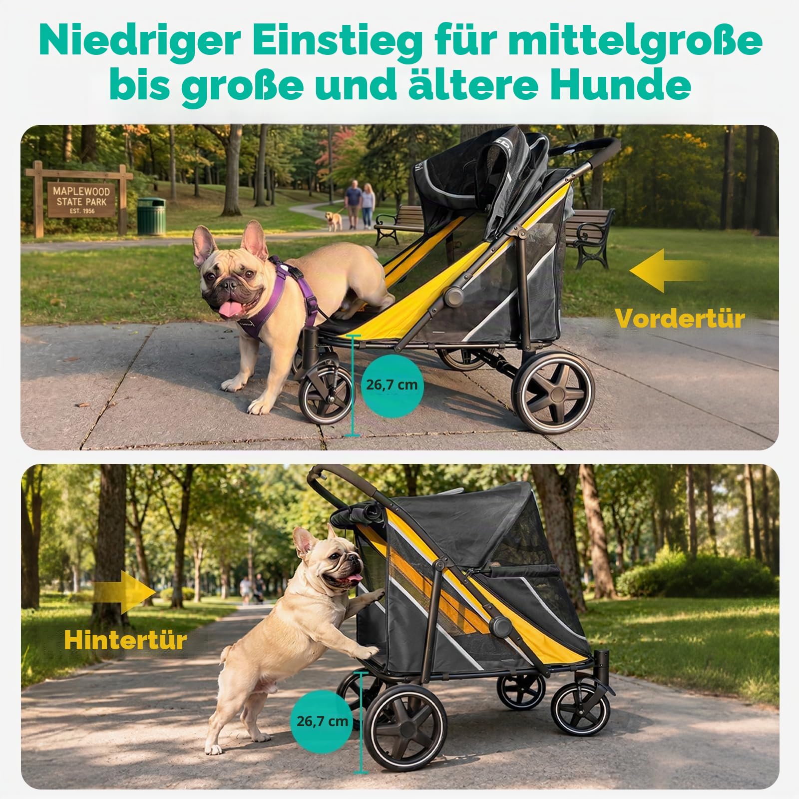 Petbobi Hundekinderwagen für mittelgroße und große Hunde, leicht zusammenklappbar, Doppel-Einstieg, Fußbremse, All-Terrain mit Luftnetz, ideal für ältere Haustiere bis 36 kg, Schwarz