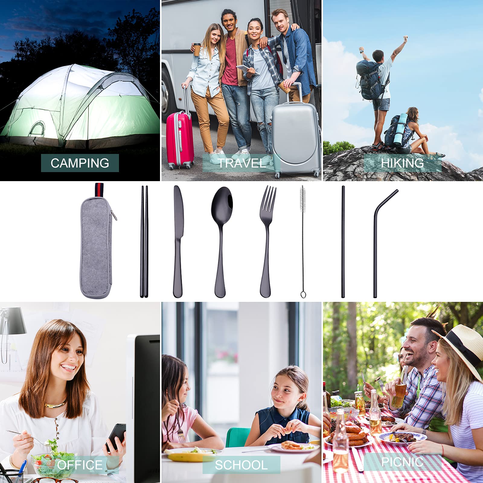 Camping Edelstahl-Besteck-Set (schwarz)