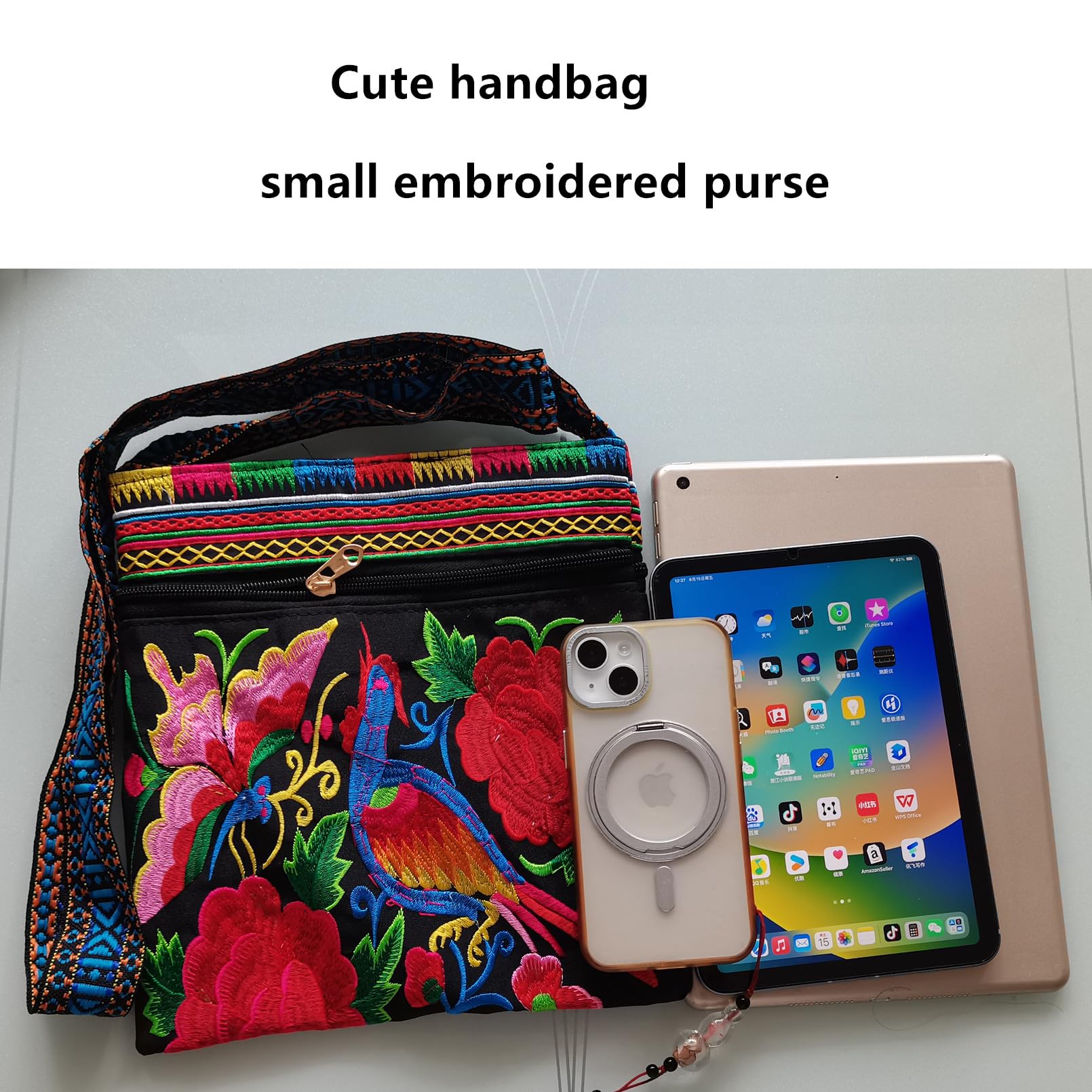 Hobo - Bolso cruzado para mujer, vintage, étnico, tribal, bordado, bohemio, hippie, bolso de hombro, Rojo Flores Aves 5
