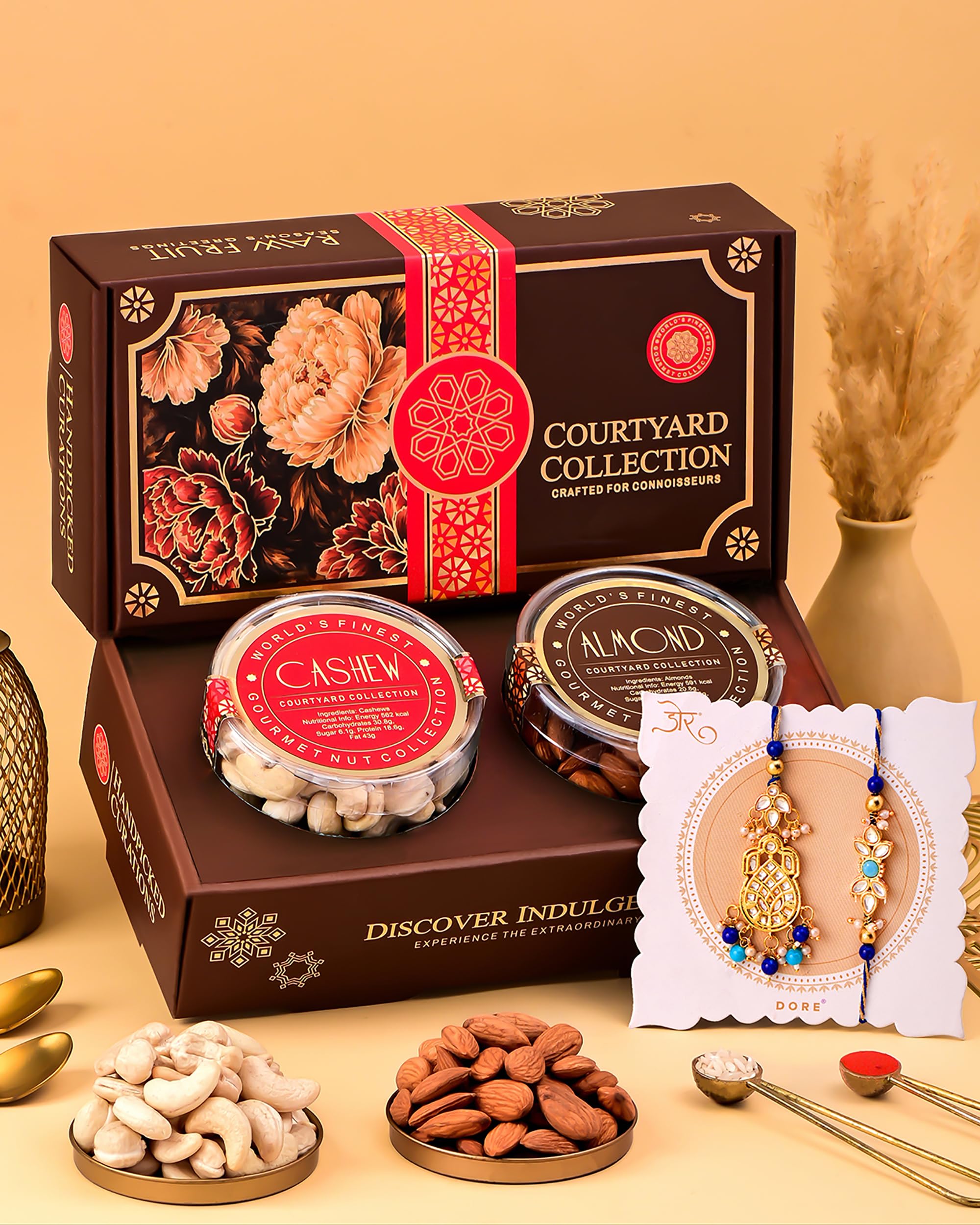 Hyperfoods® Rakhi for Brother and Bhabhi with Dry Fruits Gift Hamper RawFruit Courtyard Collection Pack of 2 Dry Fruits Gift Box (Cashews & Almonds 250g) Bhaiya Bhabhi Rakhis Set with DryFruits Gift Pack Rakhi Hamper For Brother