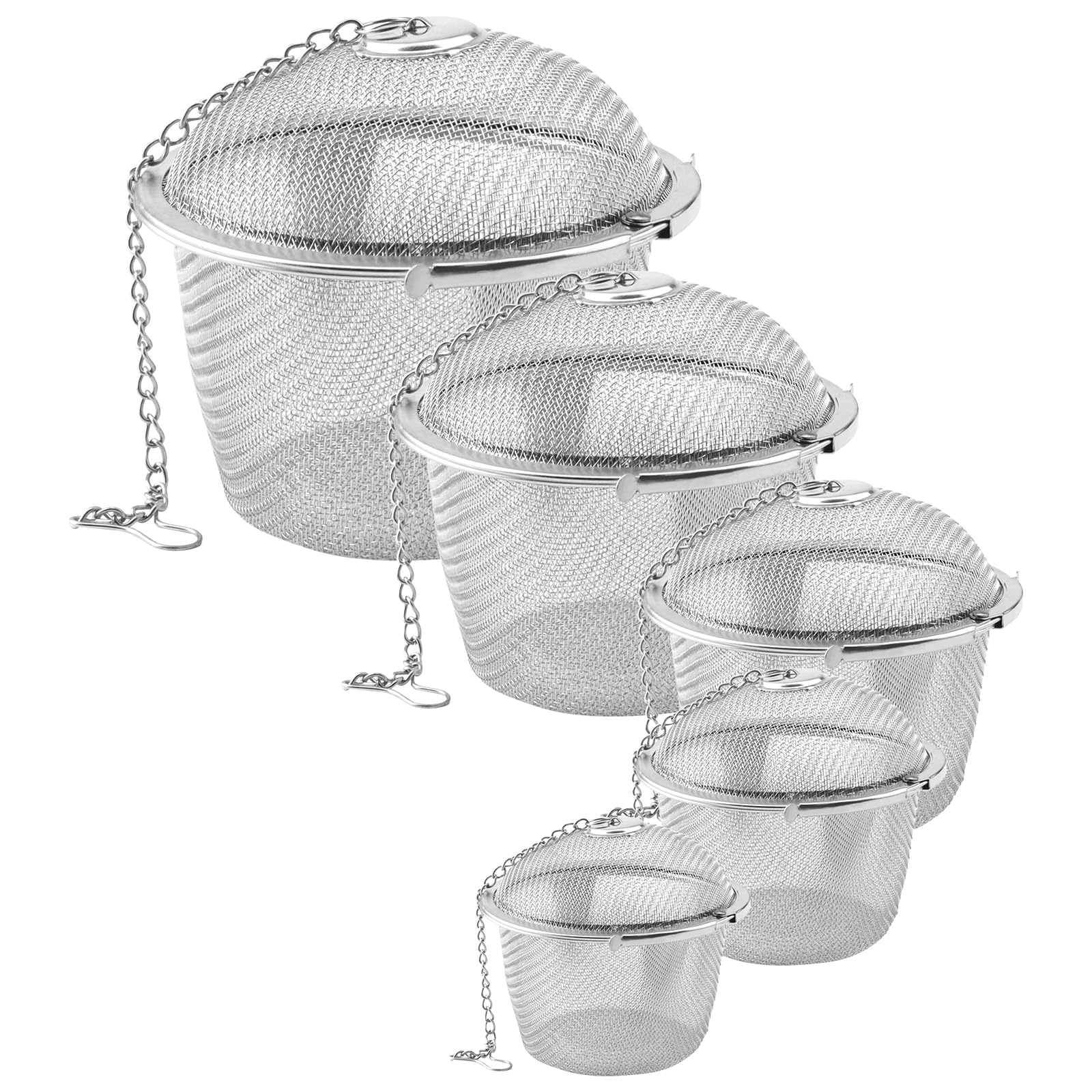 ZEONHEI Set of 5 Stainless Steel Tea Diffuser, 4.5cm/5cm/6.3cm/8.5cm/11cm Fine Mesh Infuser on a Chain, Multiple Sizes Tea Strainers for Loose Teas, Spices and Seasonings