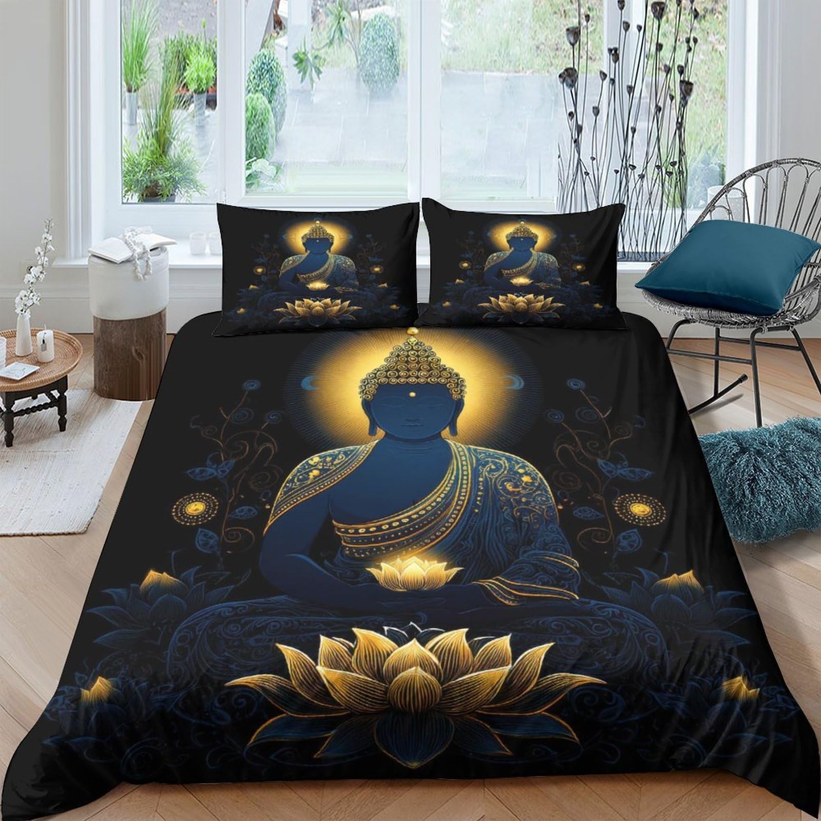 GPLZQXKJNH 3D Printed Buddha Lotus Duvet Cover Microfiber Soft Black Gold Spiritual Meditation Bedding Set with 2 Pillowcases for Bedroom Home Decor Single（135x200cm）