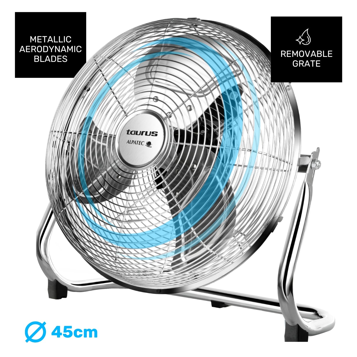 Taurus Sirocco 18 - Ventilateur de sol 120W, 3 vitesses, silencieux, 3 hélices métalliques / 45 cm de diamètre, inclinaison réglable, grille amovible, base antidérapante
