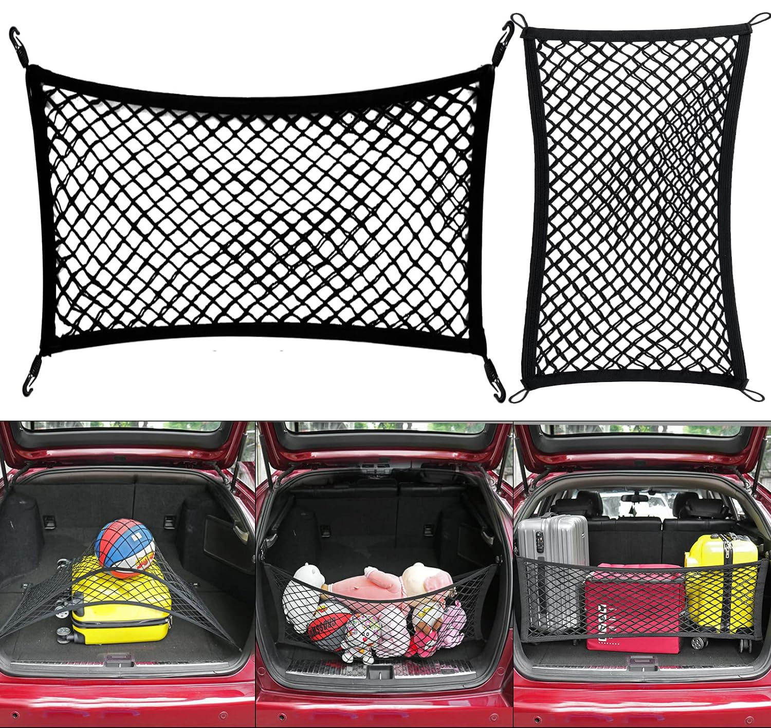 Hcosmy 2 Pack Automotive Cargo Nets for SUV Trunk Net Organizer for Car，Universal Storage Cargo Net with Hooks，High Elastic Car Rear Cargo Net Stretches to 120cm