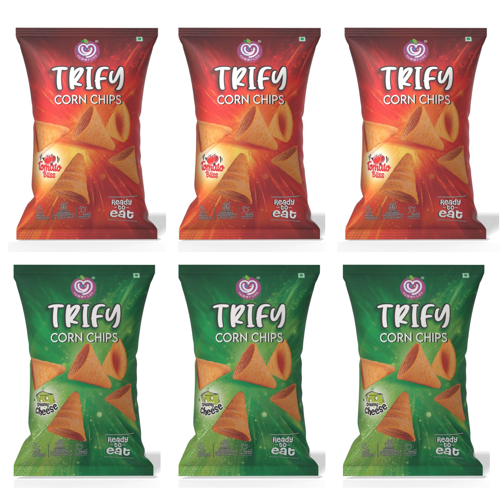 Yummylov Trify Corn Chips | 2 Flavours - Tomato Bliss & Creamy Cheese | Combo Pack of 3 Pouches Each (360g)-image-15