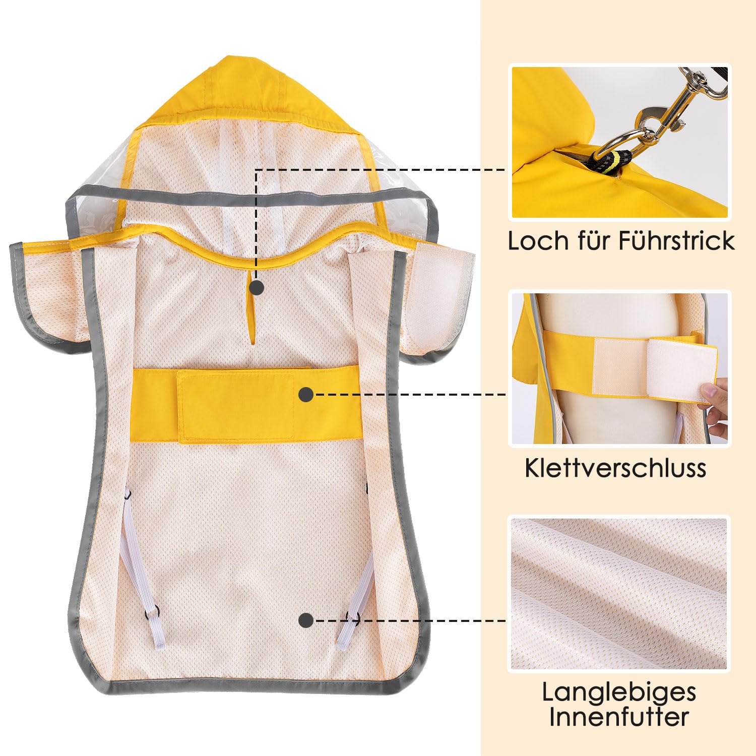 Eyein Wasserdichter Hunderegenmantel, Regenmantel für Große Hunde mit Kapuze und weichem Futter, Verstellbare Hunderegenjacke mit reflektierenden Streifen, Winddicht und leicht, Gelb, XXXL