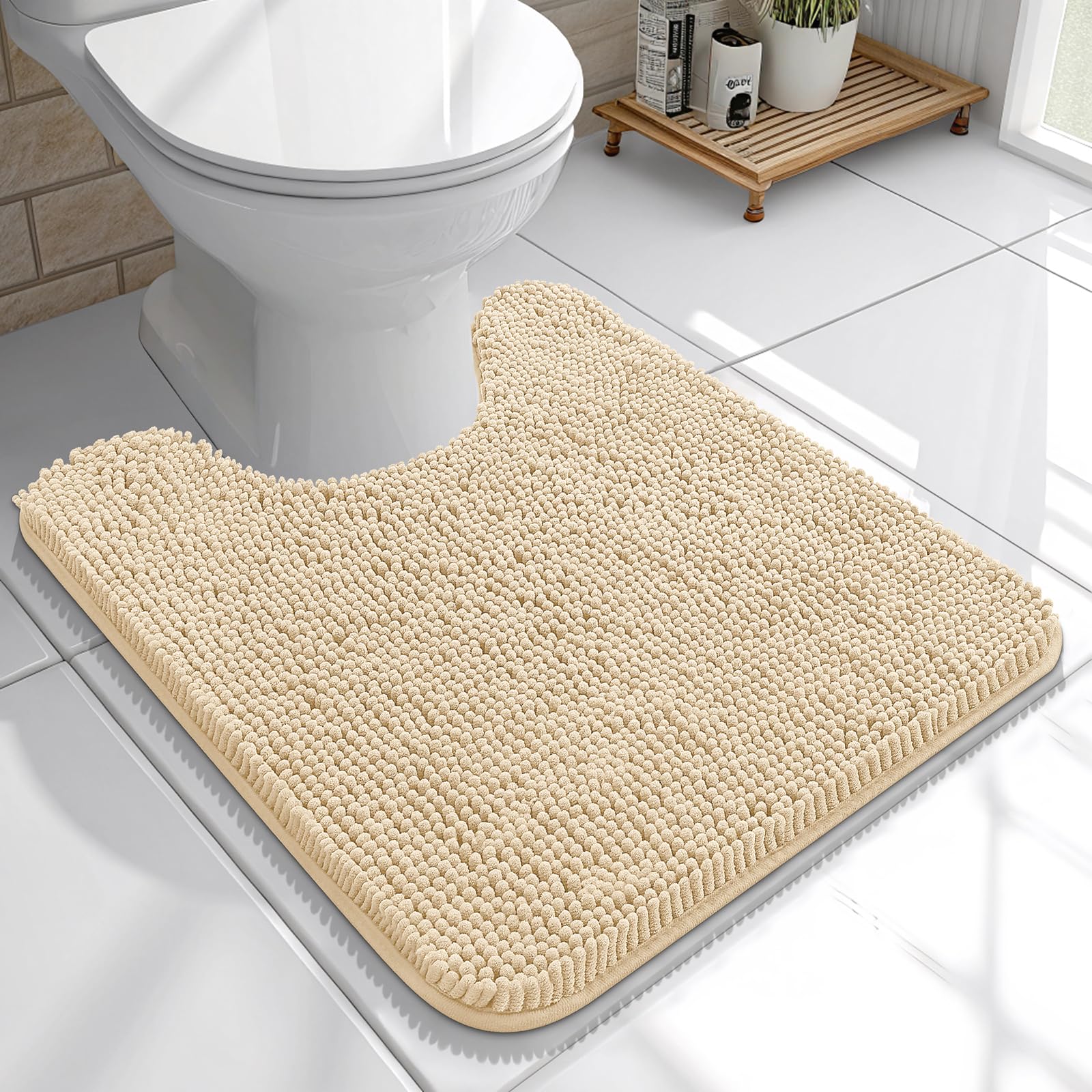 OLANLY Toilet Rugs U-Shaped 20x20, Soft Absorbent Chenille Contour Rugs | Beige, Quick-Drying Rubber Backing, Machine Washable Non-Slip Shaggy Bathroom Mat for Toilet, Home Decor Accessories