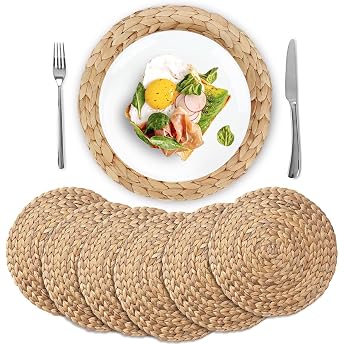 YANGQIHOME Water Hyacinth Placemat Round Placemat Handmade Round Placemats Plate Coasters for Dining Table and Boho Decoration Set of 6 33 cm