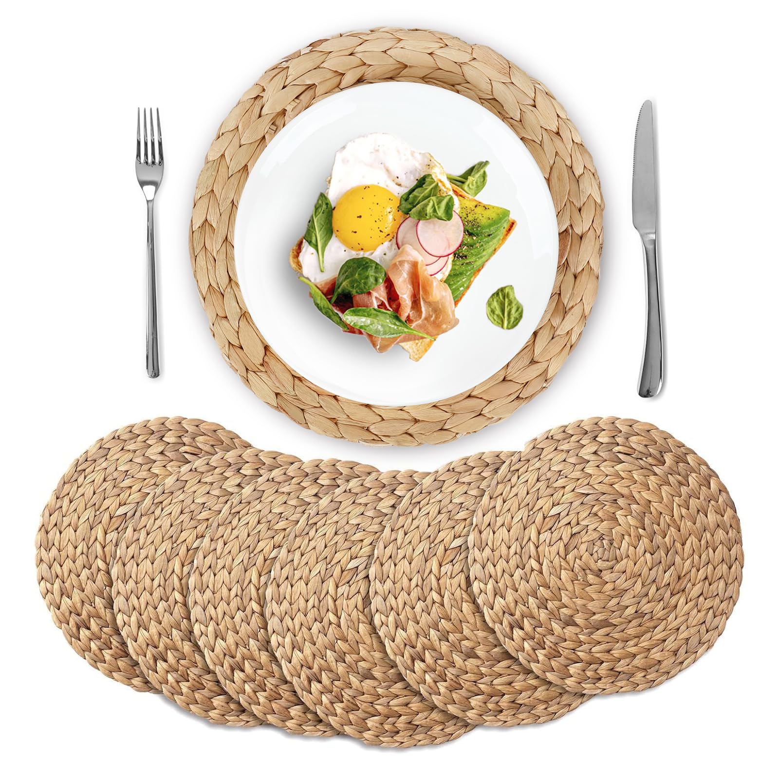 Lot de 6 Sets de Table Ronds tissés en Jacinthe d'eau Naturelle en Osier tressé pour Table à Manger, Automne, Halloween, Thanksgiving, Noël (33 cm)
