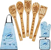 Vista 13 de 8 piezas de cuchara de cocina de bambú con forma de pollo con delantal y guantes de horno, utensilio de cocina con temática de gallo para mujeres