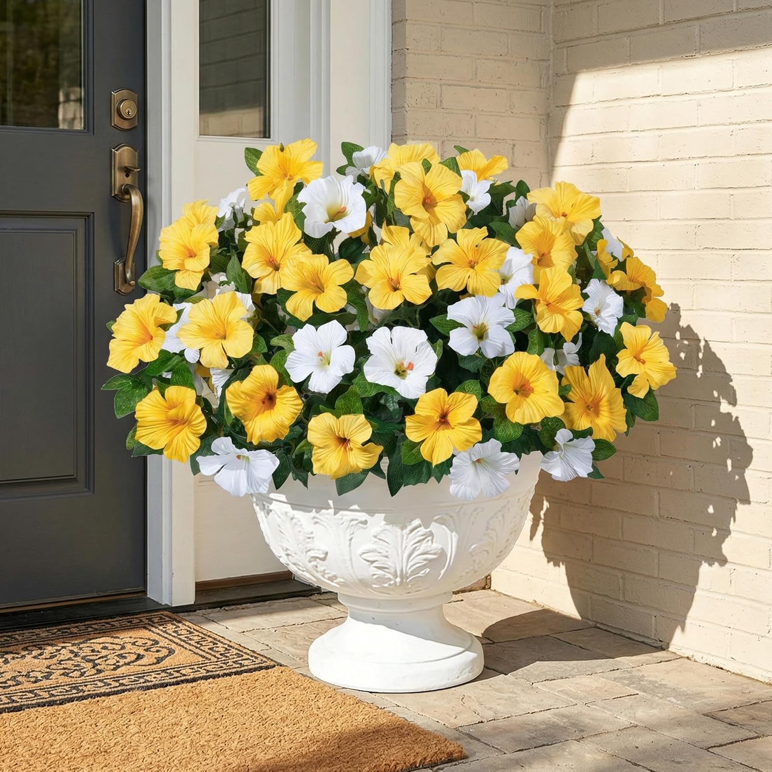 HyeFlora Artificial Flowers for Outdoors 4PCS Faux Petunias Silk Fake Flowers for Outside Planter UV Resistant Realistic Home Garden Porch Decor (Yellow 4branches)