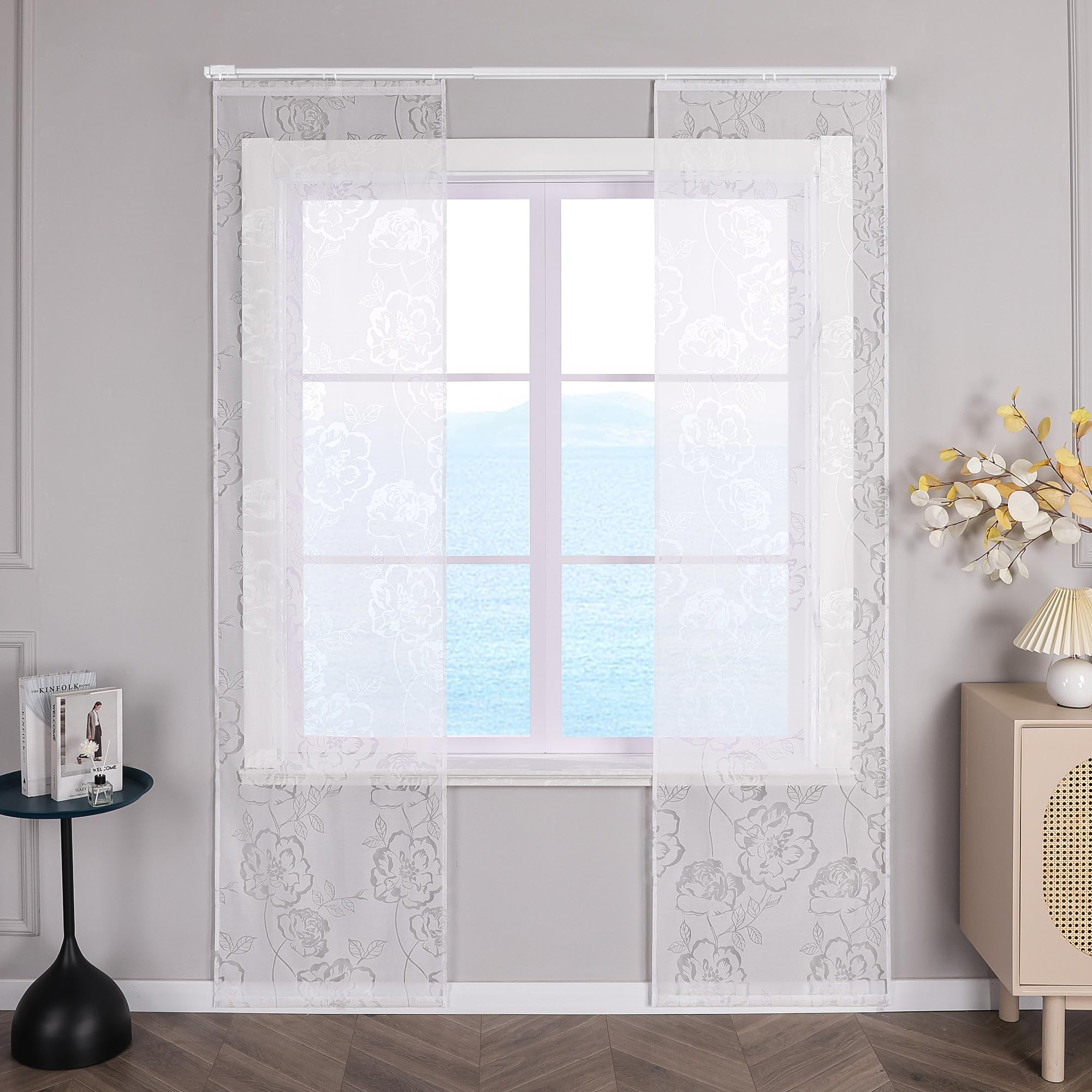 ESLIR Schiebegardinen Ausbrenner Flächenvorhänge Set 2er Weiß Schiebevorhang Wohnzimmer Gardinen mit Klettband Gardinenschals Transparent Vorhänge Ausbrenner BxH 57x145cm 2 Stück