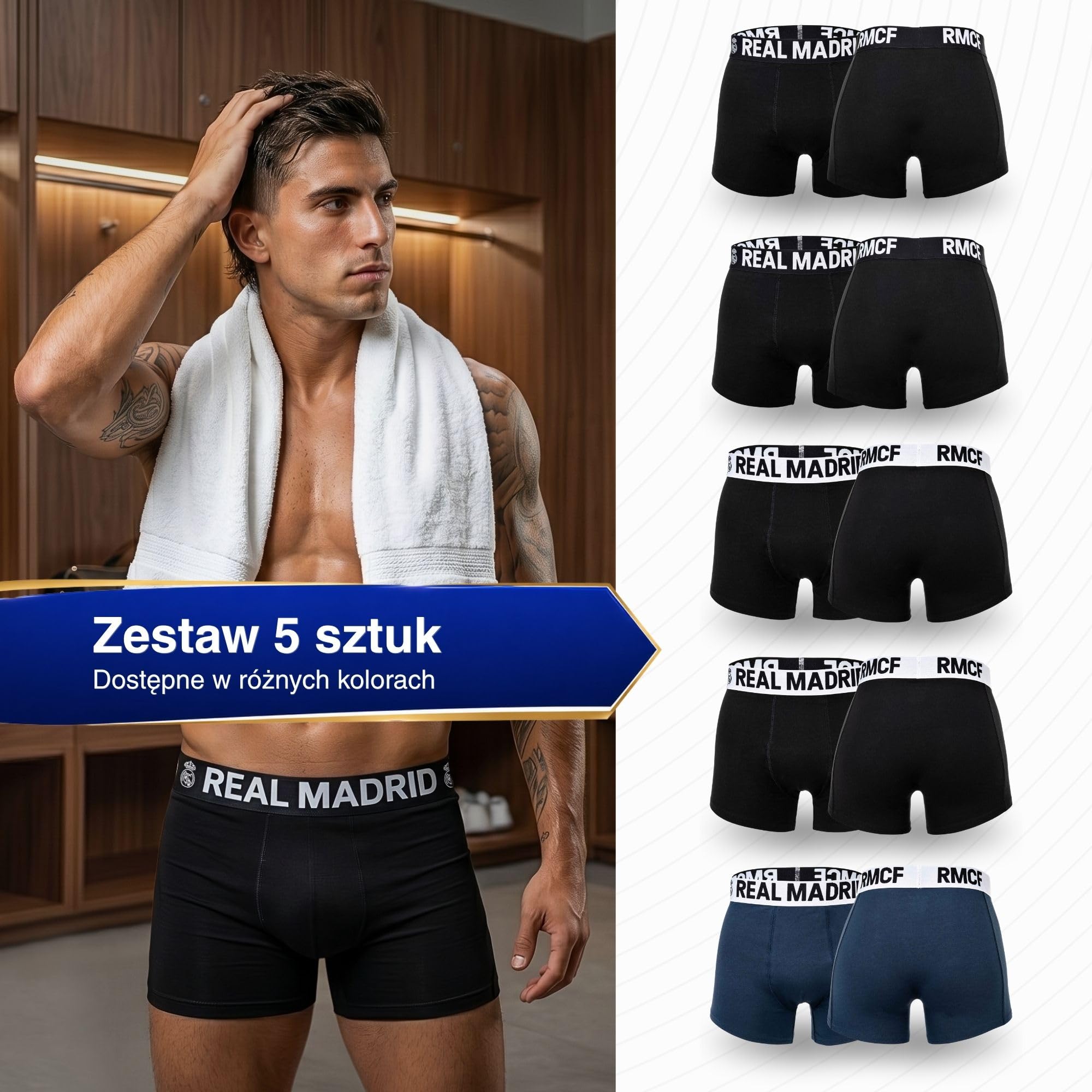 Real Madrid Bokserki męskie, 5 sztuk, mieszanka bawełny