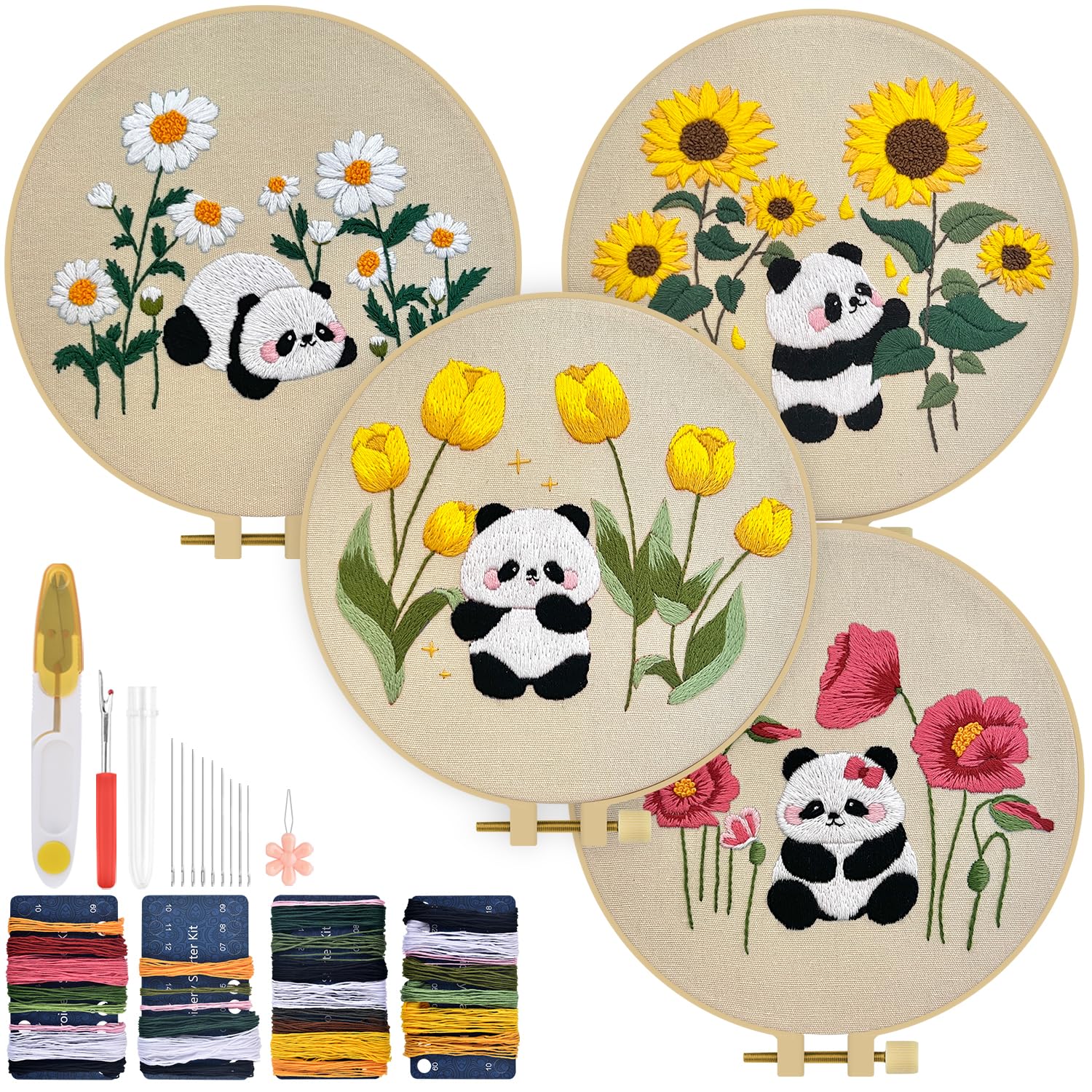 TINDTOP 4 Sets Embroidery Kit for Adult, Panda Embroidery Practice Kits for Beginners Include Embroidery Cloth Hoops Threads for Craft Lover Hand