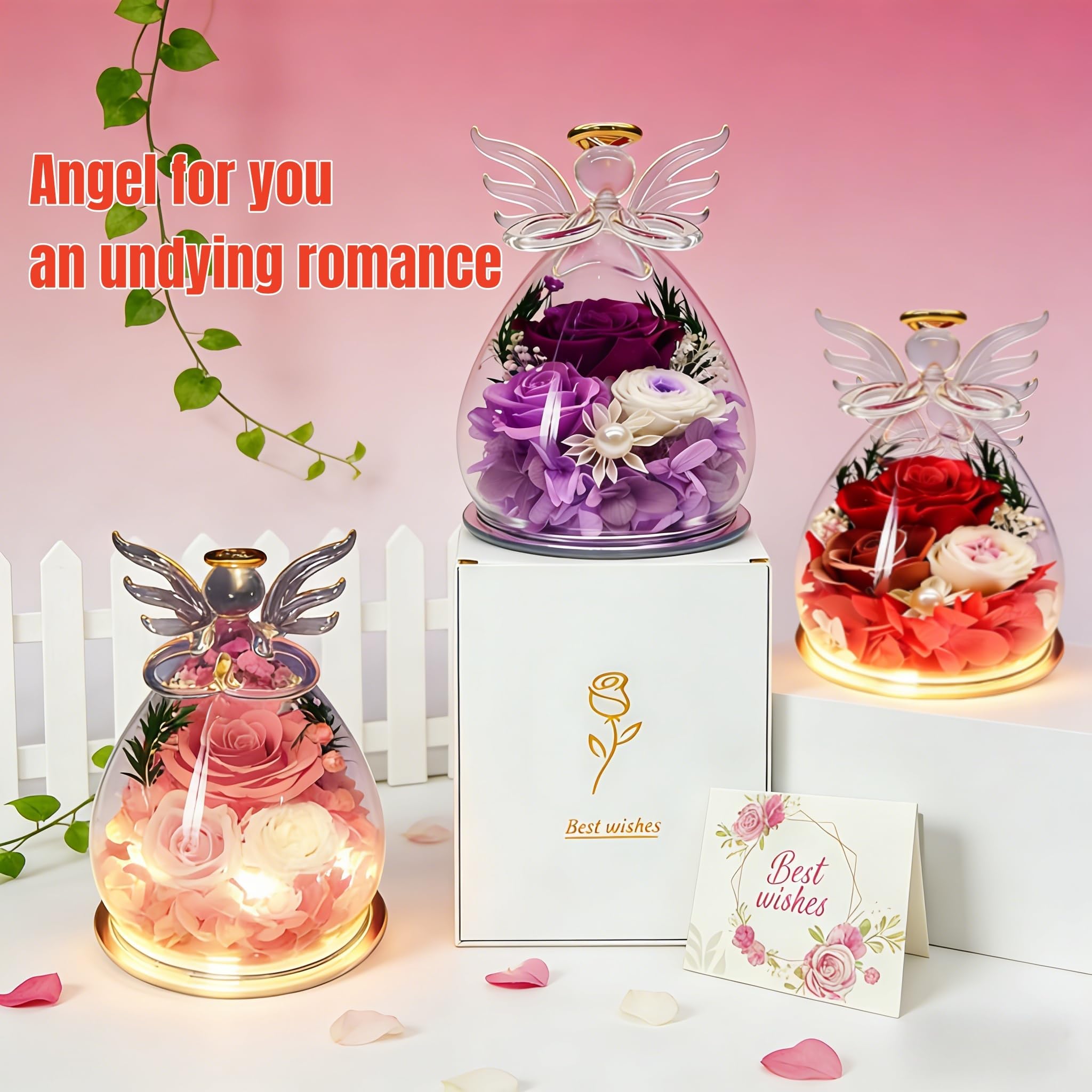 Cupola in vetro a forma di angelo con luce a forma di rosa conservata, 39,4 cm, illuminata a LED, con rose rosa, funzionamento a batteria, decorazione per casa, matrimonio, (rosso)