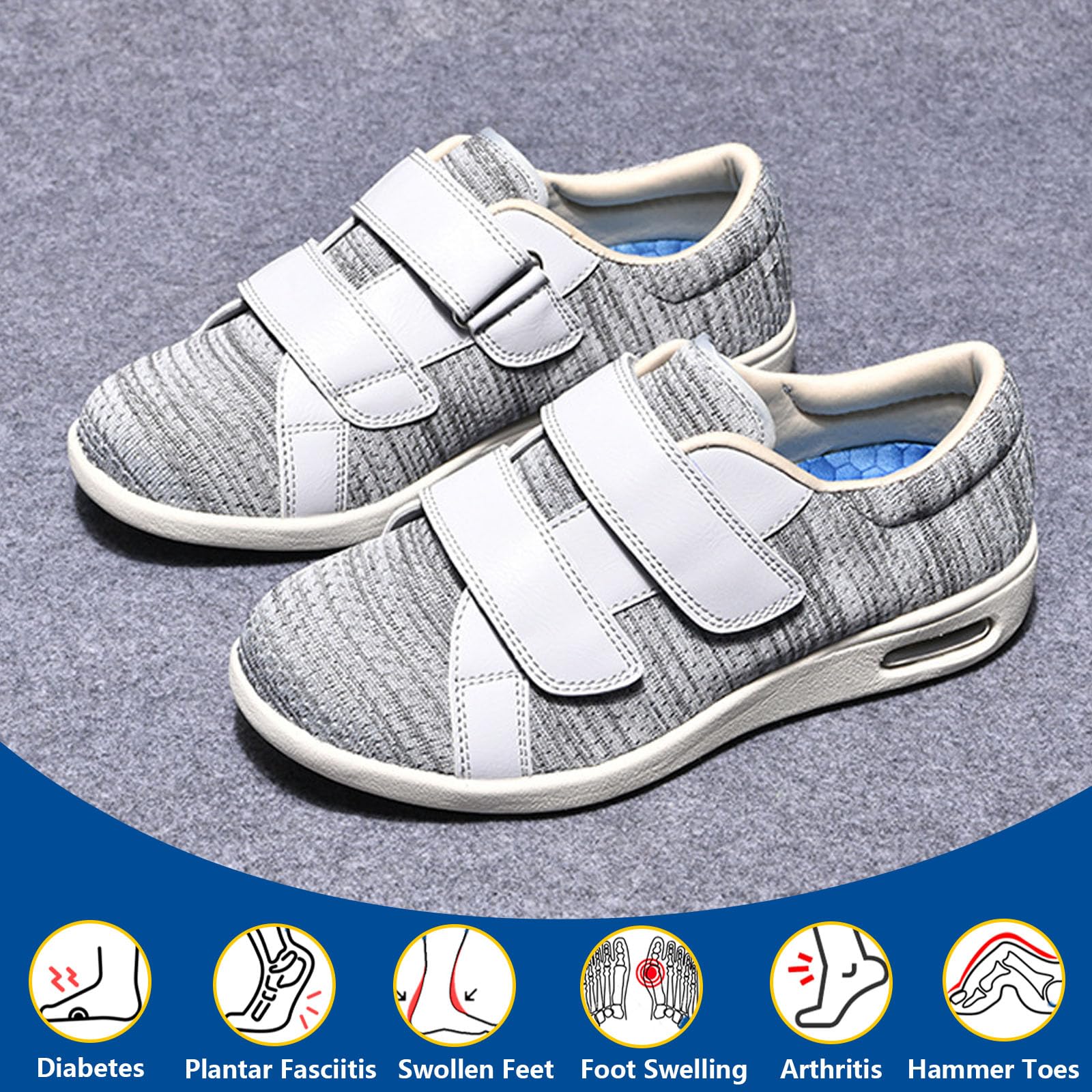 Damskie buty do chodzenia z podparciem łuku stopy, regulowane zapięcie, lekkie, oddychające tenisówki, łatwe do zakładania i zdejmowania (Light Gray us Men 13.5)