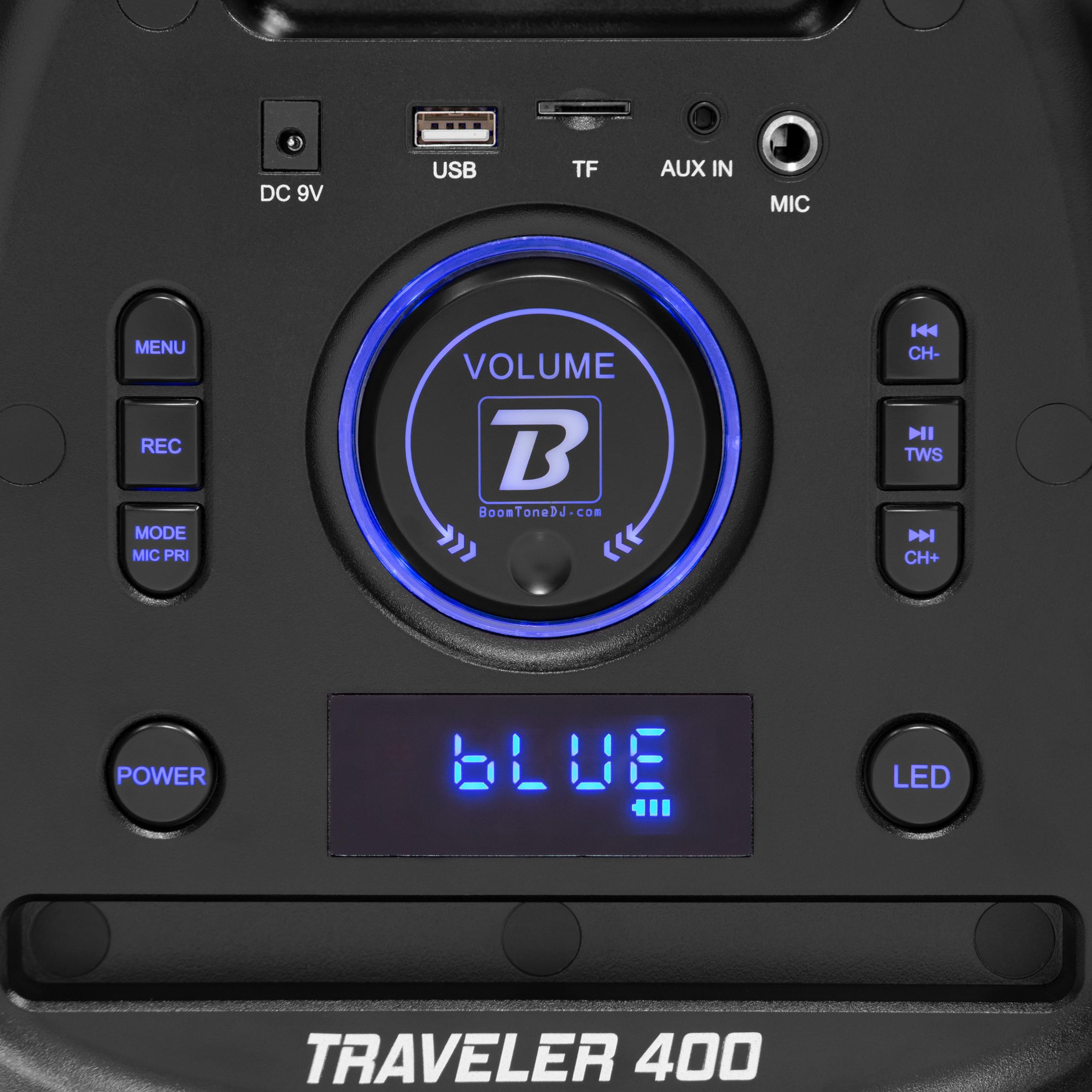 BoomTone DJ Traveler 400 Enceinte sur Batterie, idéale pour Les DJ Mobiles et Les fêtes privées, Bluetooth, lumière intégrée, USB/SD, Poignée de Transport télescopique.