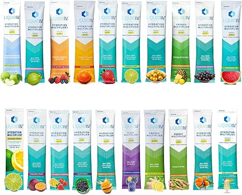 Multiplicador de hidratación Liquid IV - Paquetes de hidratación líquida iv de 20 sabores diferentes - Mezcla de bebidas con electrolitos - Paquete