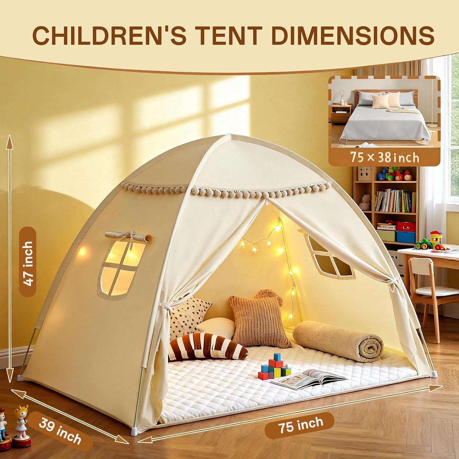 Bed Tent Twin Size for Girls & Boys - Indoor Privacy Toddler Sleeping Teepee with Blackout Design, Breathable Portable Twin Bed Tent for Drafty Rooms, Cottage Floor Camping (Twin Beige)