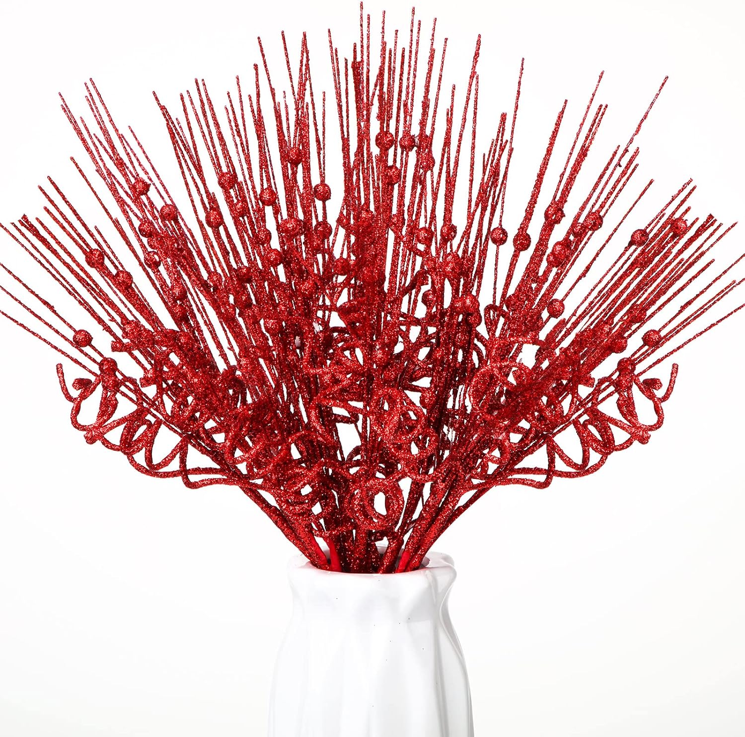 Xinnun 30 Pcs Christmas Glitter Picks and Sprays for Christmas Tree Curly Berry 14 Inch Artificial Curly Stem Branches Stick Ornament for Xmas Wreath Vase Fillers Gifts Home Decoration(Champagne)